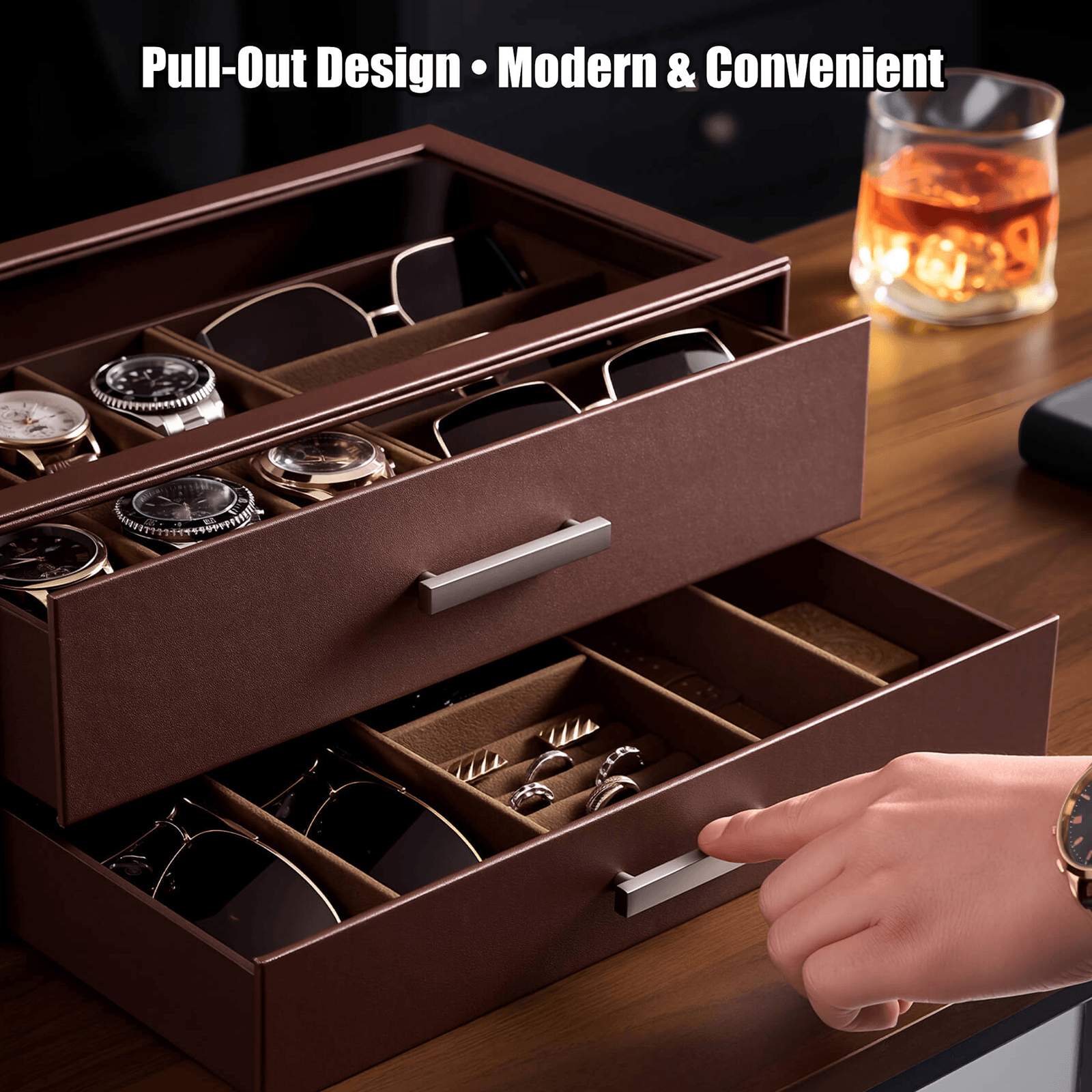 Brown men's jewelry box with compartments for watches, sunglasses, rings, necklaces, bracelets, and watch.