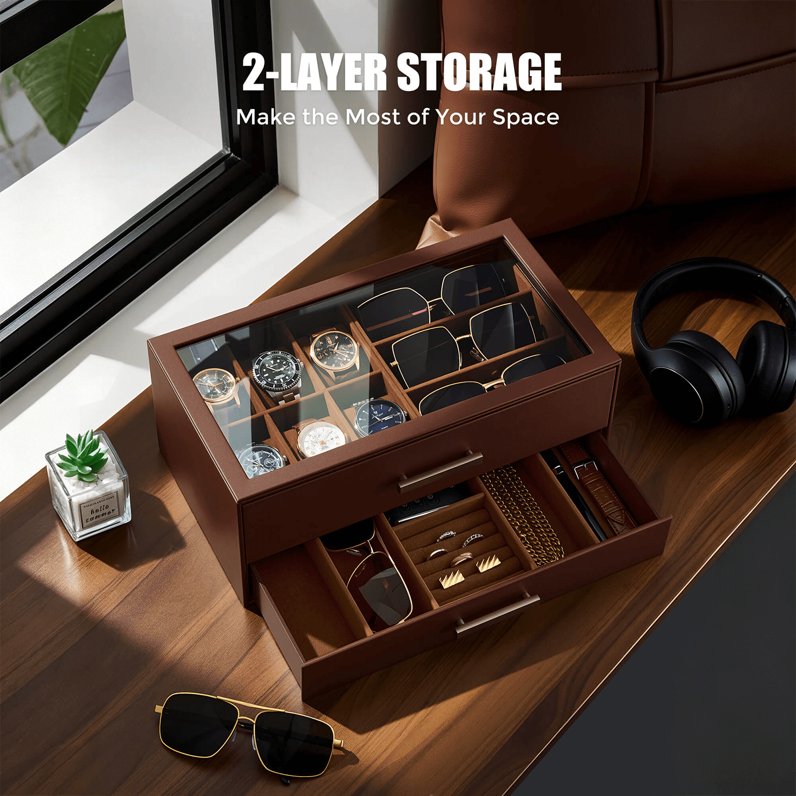 Brown men's jewelry box with compartments for watches, sunglasses, rings, necklaces, bracelets, and watch.
