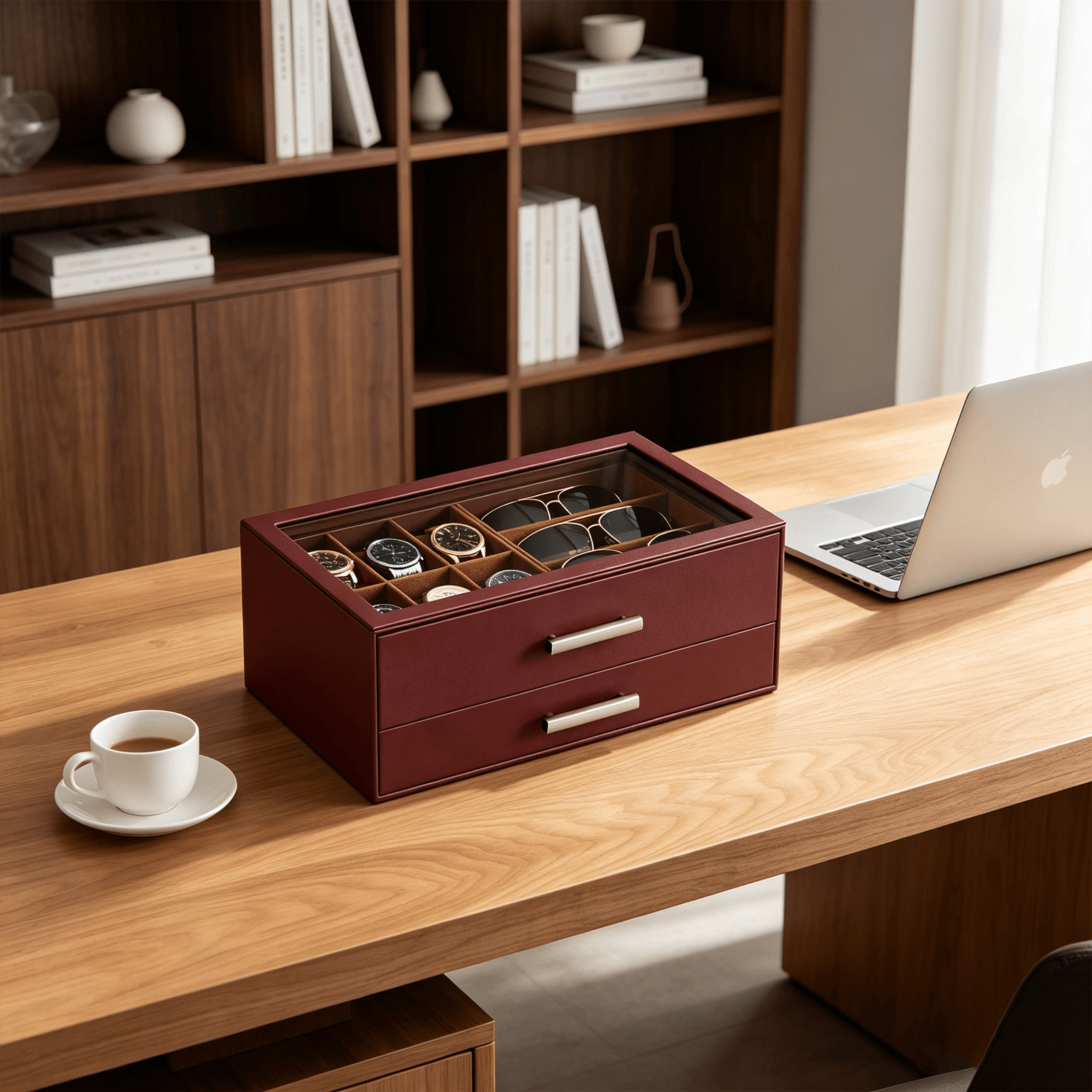 Brown men's jewelry box with compartments for watches, sunglasses, rings, necklaces, bracelets, and watch.