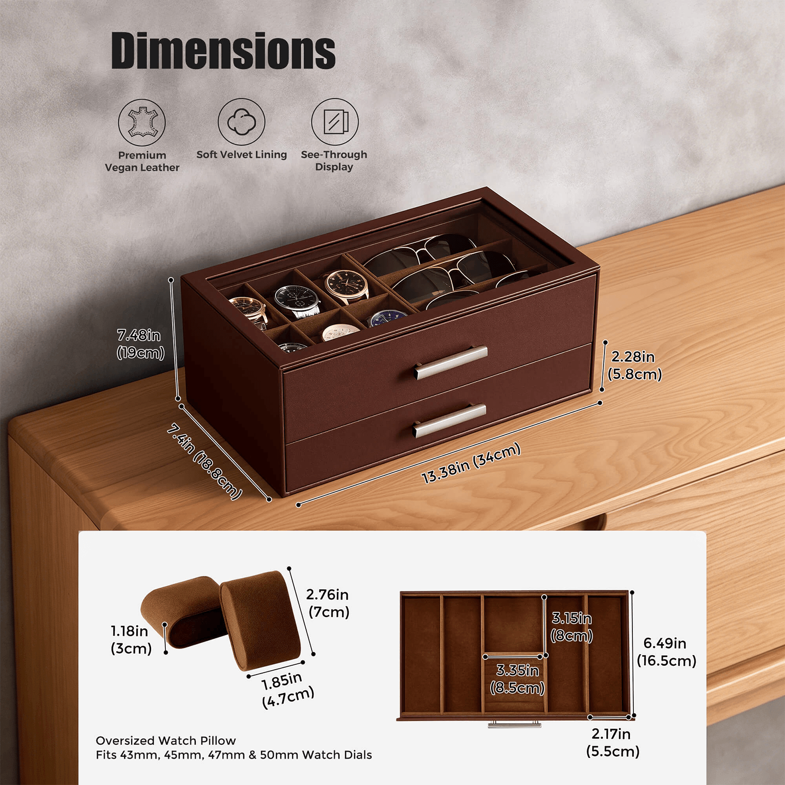 Brown men's jewelry box with compartments for watches, sunglasses, rings, necklaces, bracelets, and watch.