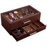 Brown mens jewelry and watch display case with watches, sunglasses, and jewelry.