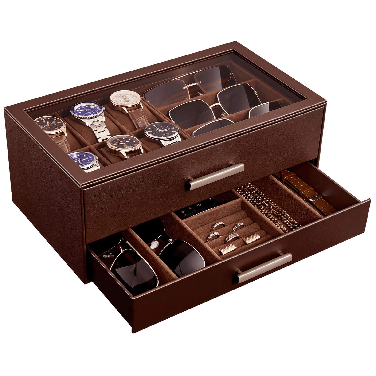 Brown mens jewelry and watch display case with watches, sunglasses, and jewelry.