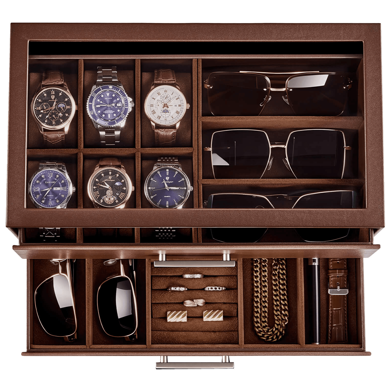 Brown men's jewelry box with compartments for watches, sunglasses, rings, necklaces, bracelets, and watch.