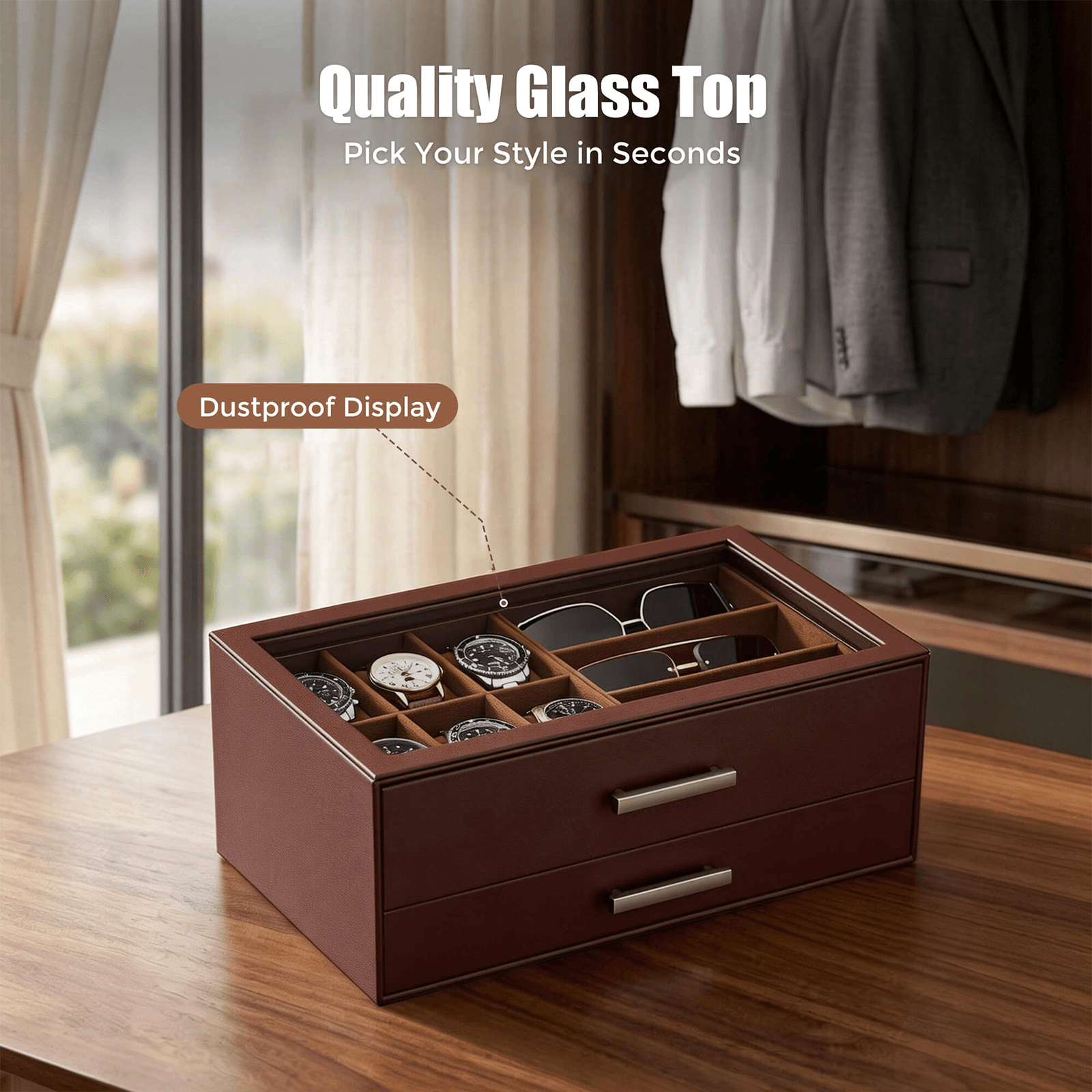 Brown men's jewelry box with compartments for watches, sunglasses, rings, necklaces, bracelets, and watch.