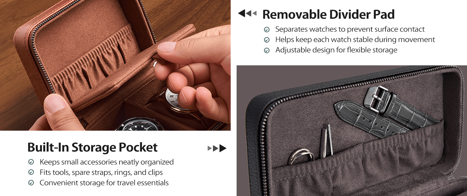 A brown leather watch accessory case shown open, with a hand holding a watch inside a built-in storage pocket. The right side shows the interior with a dark gray removable divider pad holding watch parts and tools.