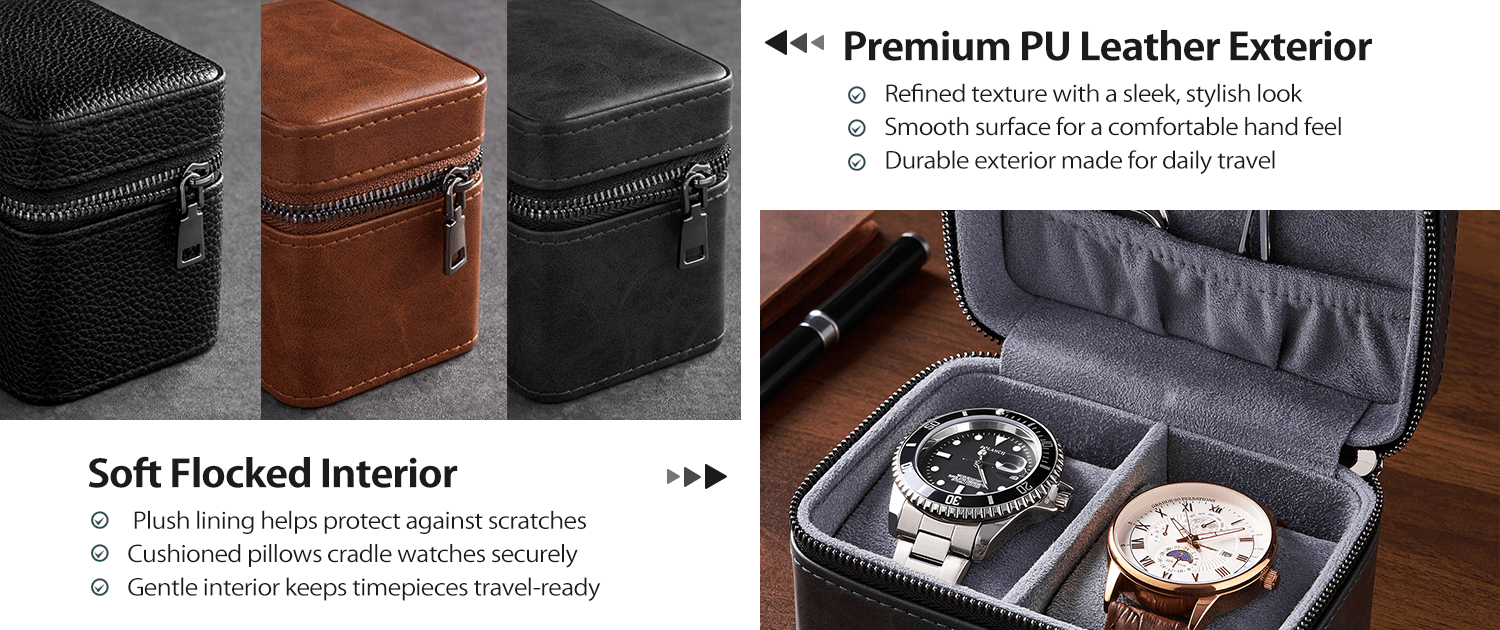 A travel watch case set shown in three color options (black, brown, and dark gray) alongside a large close-up of the open dark gray case containing a black watch and a brown leather strap watch. Text highlights the premium PU leather exterior, soft flocked interior, and cushioned pillow design.