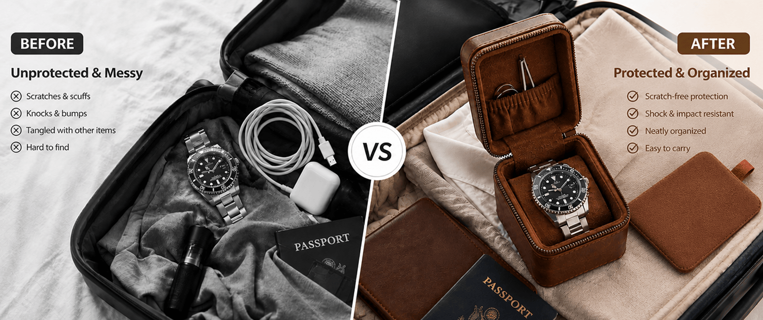 A split comparison graphic showing a wristwatch in an open suitcase on the left labeled 'BEFORE' and in a brown leather watch box on the right labeled 'AFTER'. The image includes text describing the benefits of protection and includes passports as props.