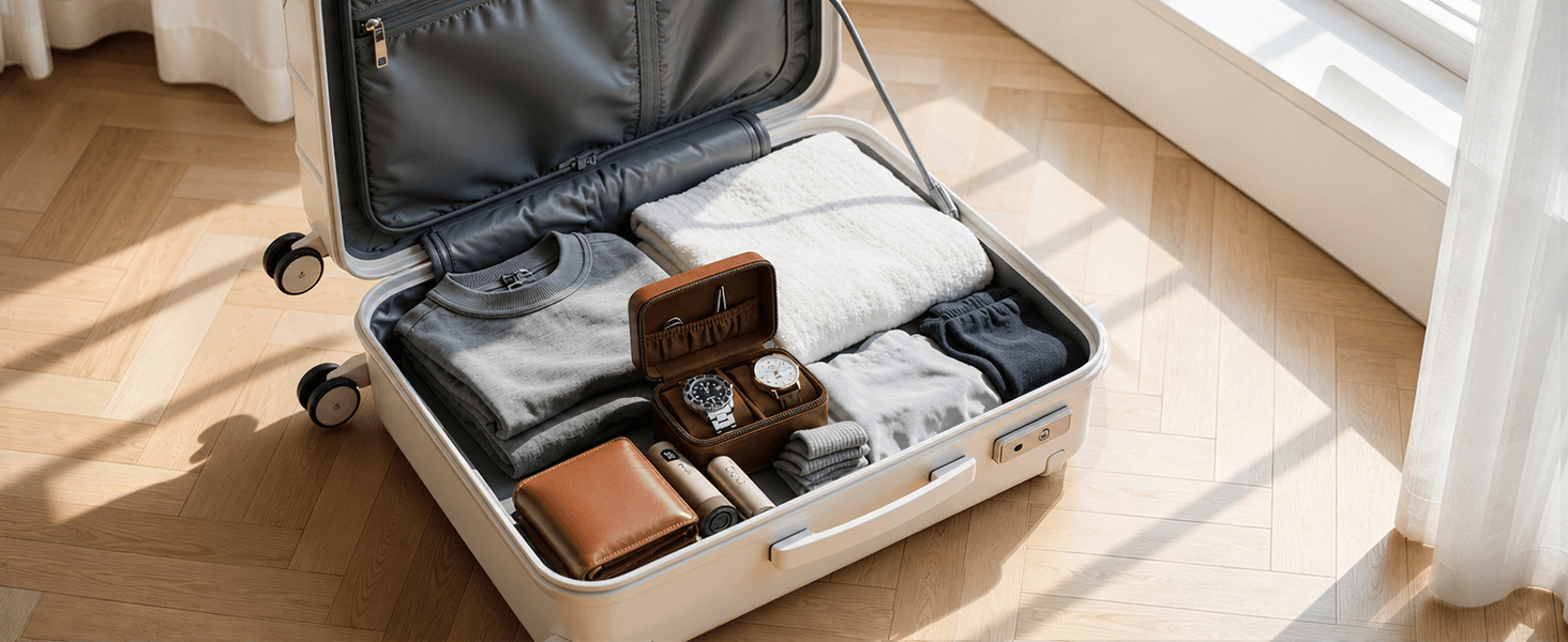 An open cream-colored suitcase on a light wood herringbone floor, filled with folded gray clothing, a brown leather wallet, and a watch in a wooden presentation box. Sunlight streams in from a window on the right.