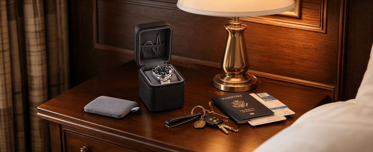 A black watch storage box with an open lid displaying a wristwatch, styled on a wooden bedside table next to a lamp, wallet, keys, and passports.