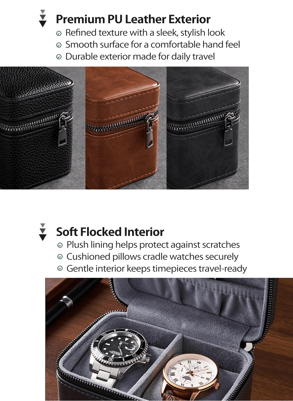 A product feature infographic for a watch travel case. The top section shows three exterior color options (black pebbled, brown, and black textured) with text describing the premium PU leather exterior.