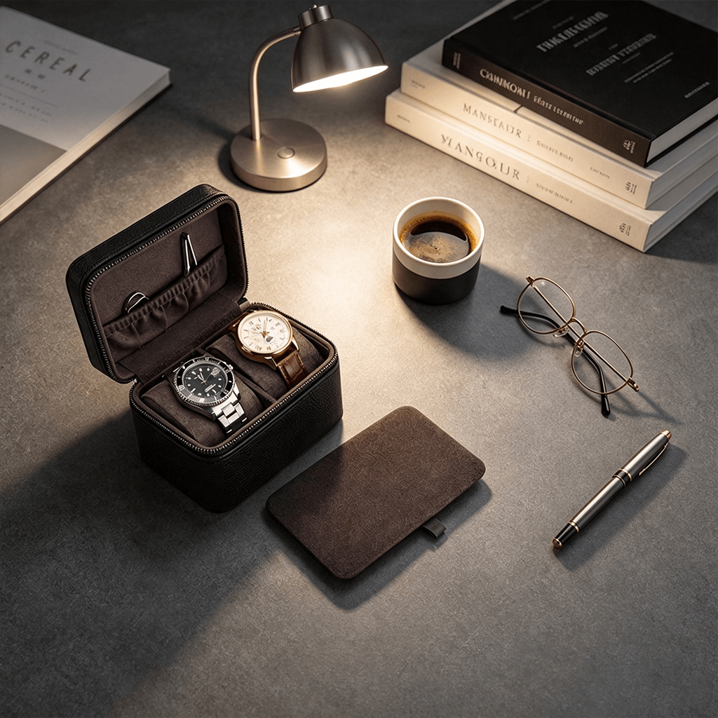 A black watch box case shown open on a gray desk, holding two wristwatches, with the matching case closed beside it. The scene includes a lit desk lamp, a cup of coffee, eyeglasses, a pen, and stacked books, creating a styled workspace setting.
