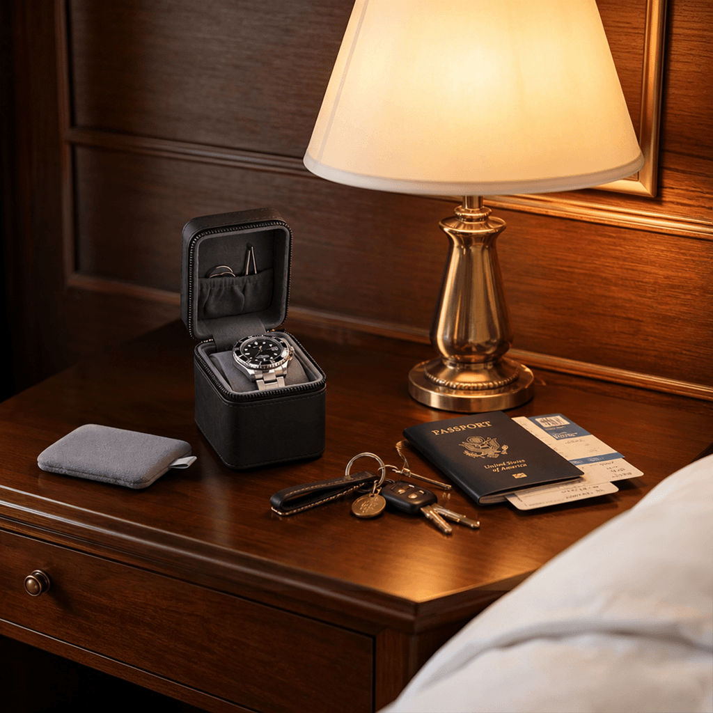 A luxury watch with a black dial and silver-toned case sits inside an open black watch box on a wooden bedside table, styled with a lit brass table lamp, a gray wallet, keys, and travel documents.