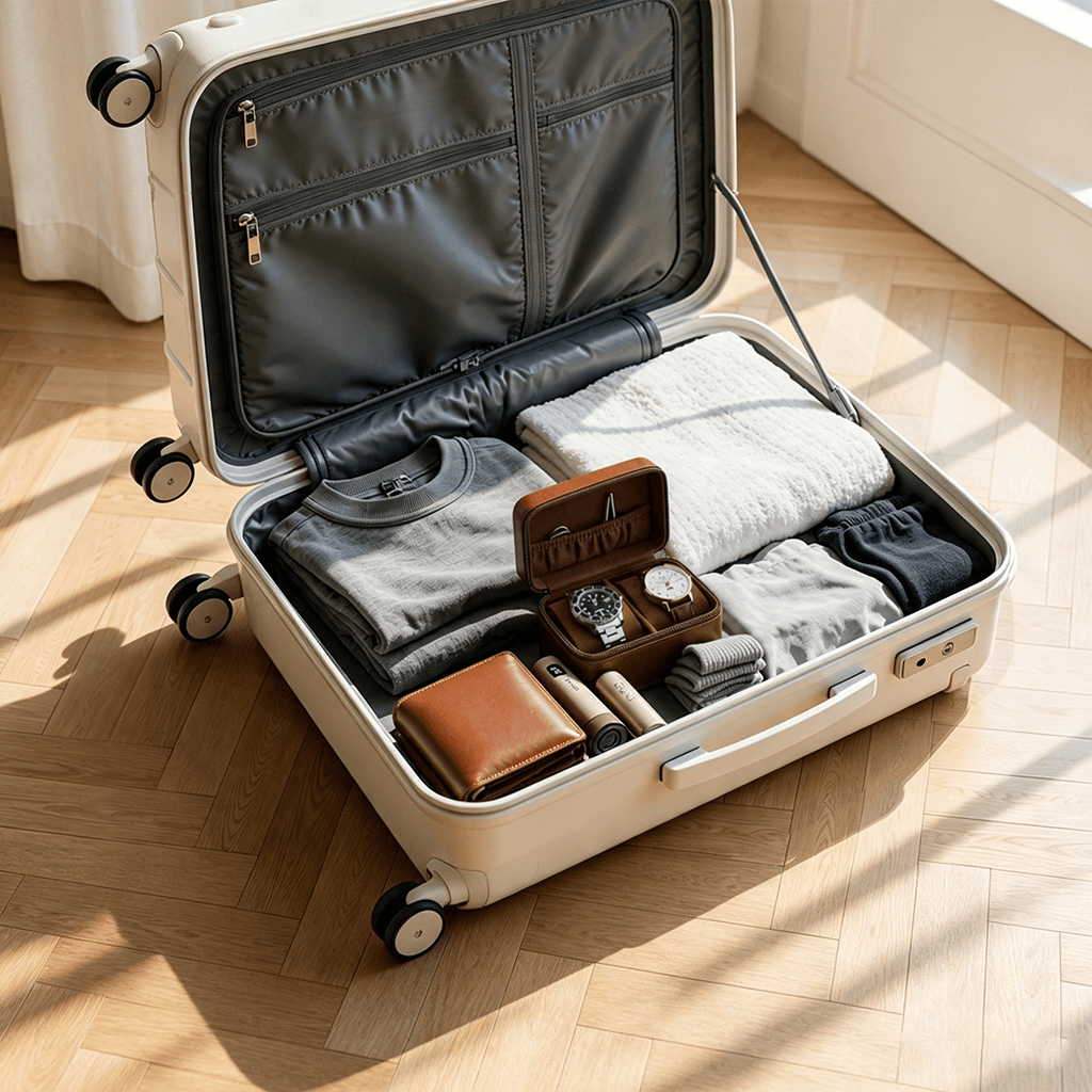 An open cream-colored hard-shell suitcase on a light wood herringbone floor, packed with folded gray clothing, a brown leather wallet, a watch in a wooden case, and other small accessories. Sunlight streams in from the upper right, casting shadows across the suitcase and floor.