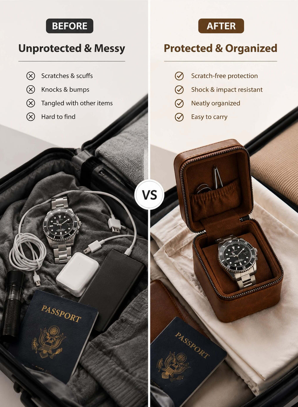 A split comparison graphic showing a watch inside an open suitcase versus inside a brown leather watch box. The left side is labeled BEFORE and shows a messy, dark suitcase with tangled cables, a passport, and the watch.