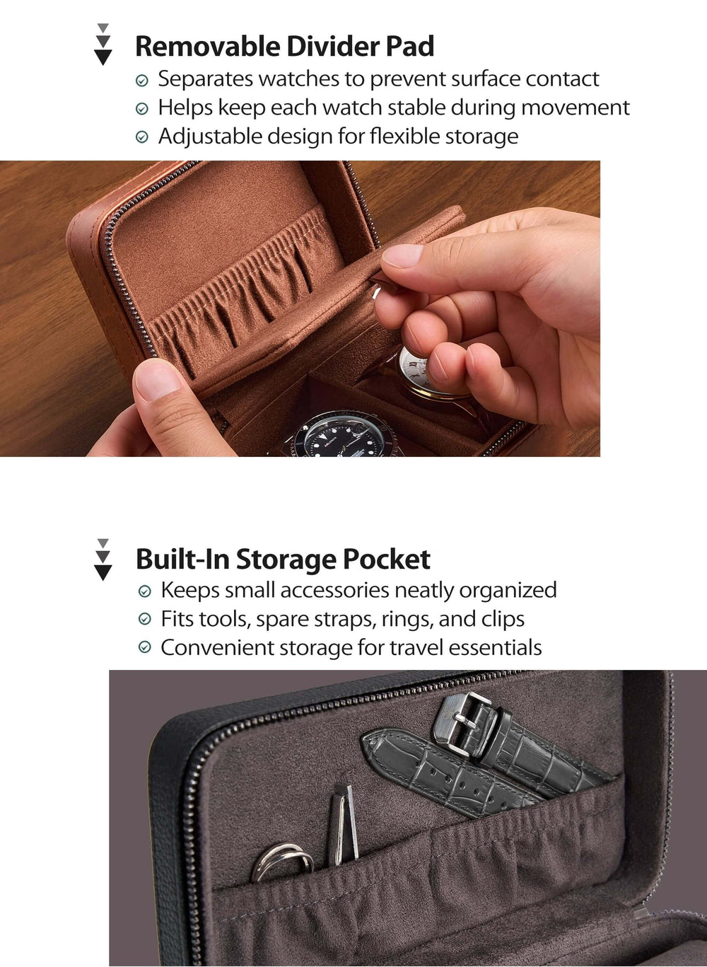 A product feature infographic showing a brown leather watch box with text callouts. The top section highlights a 'Removable Divider Pad' being held open by hands to show its elastic interior, and the bottom section highlights a 'Built-In Storage Pocket' containing a watch strap, pen, and clips.