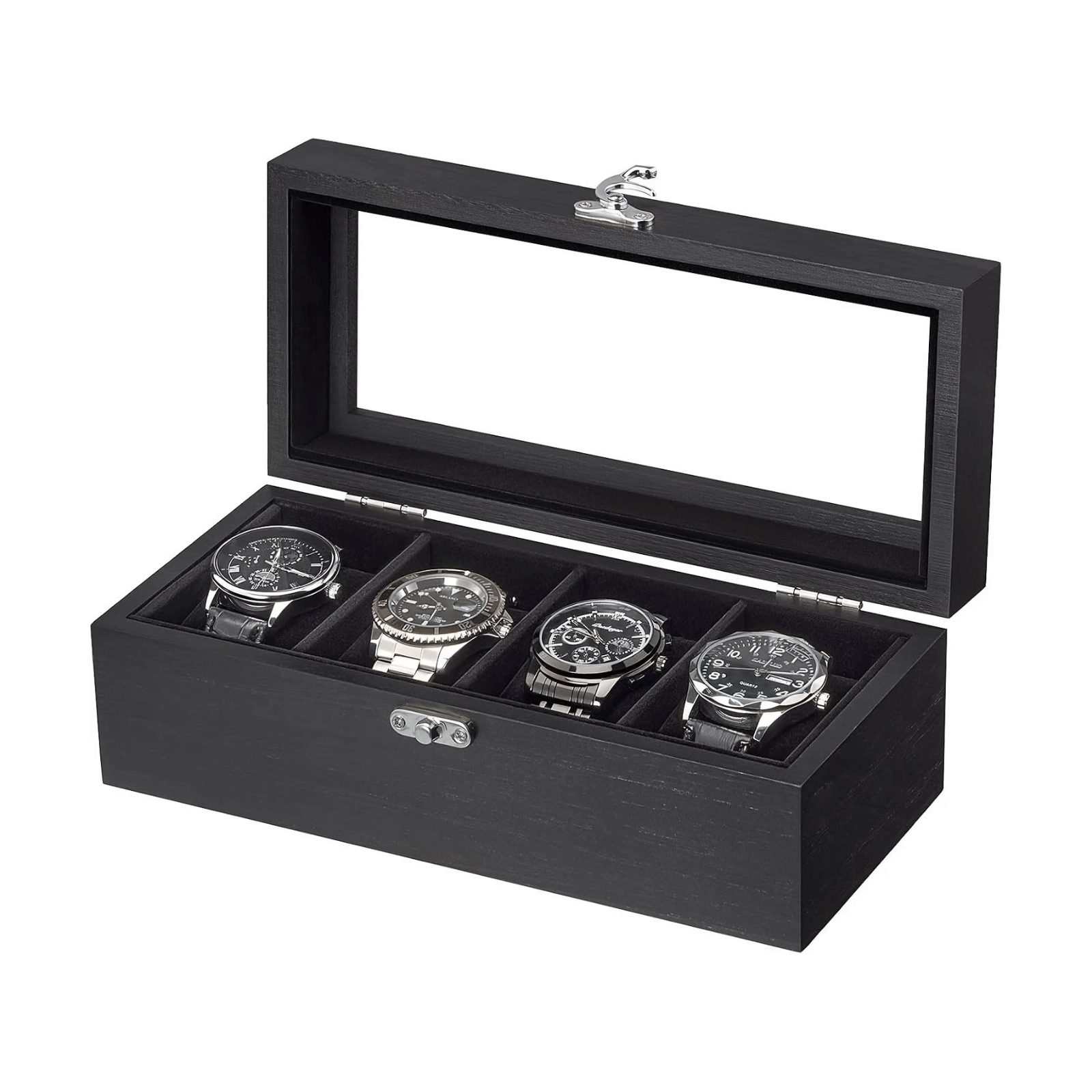 A black wooden watch display box with an open glass lid, holding four wristwatches on a plain white background.