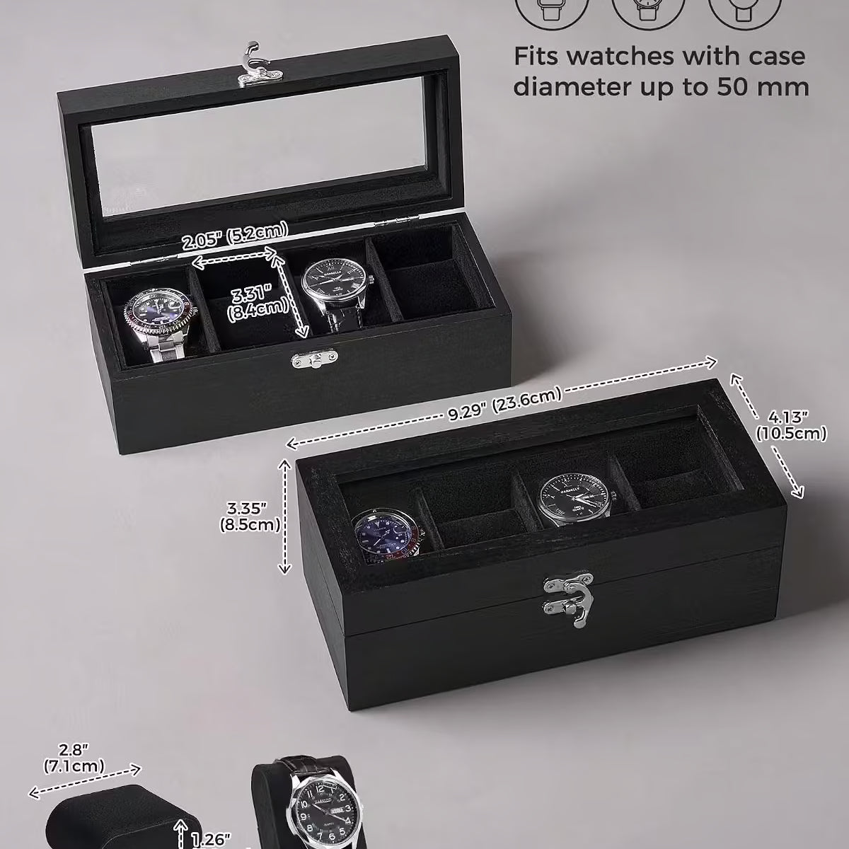 Black wooden watch box set with a glass lid, shown open and closed with overlaid dimension labels and icons indicating watch compatibility up to 50 mm diameter.