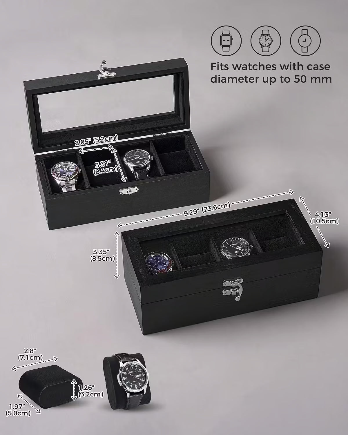 Black wooden watch box set with a glass lid, shown open and closed with overlaid dimension labels and icons indicating watch compatibility up to 50 mm diameter.
