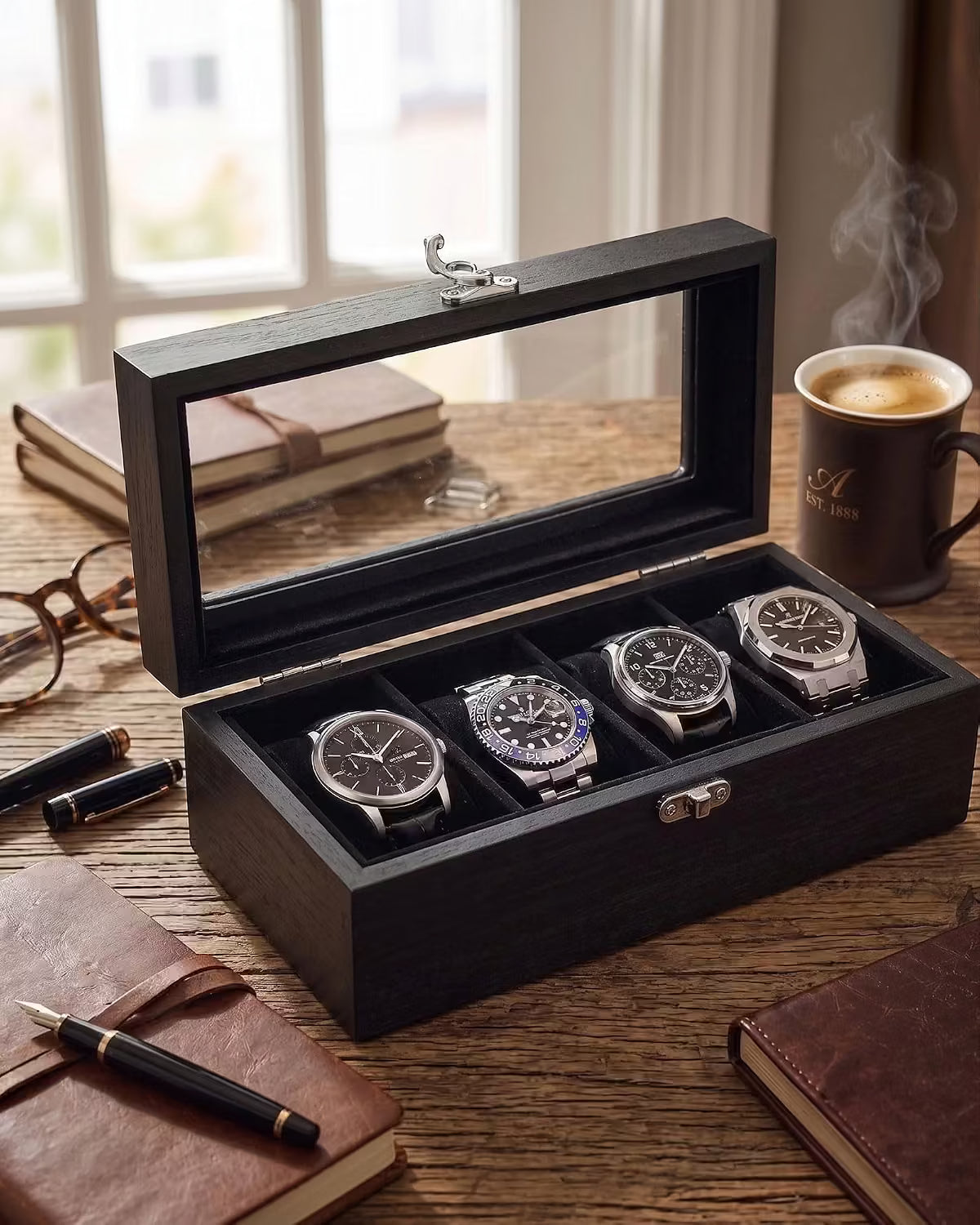 A black wooden watch box with a glass lid, shown open on a wooden table with four watches inside. The scene includes a coffee mug, notebooks, and eyeglasses in a warm, styled interior setting.
