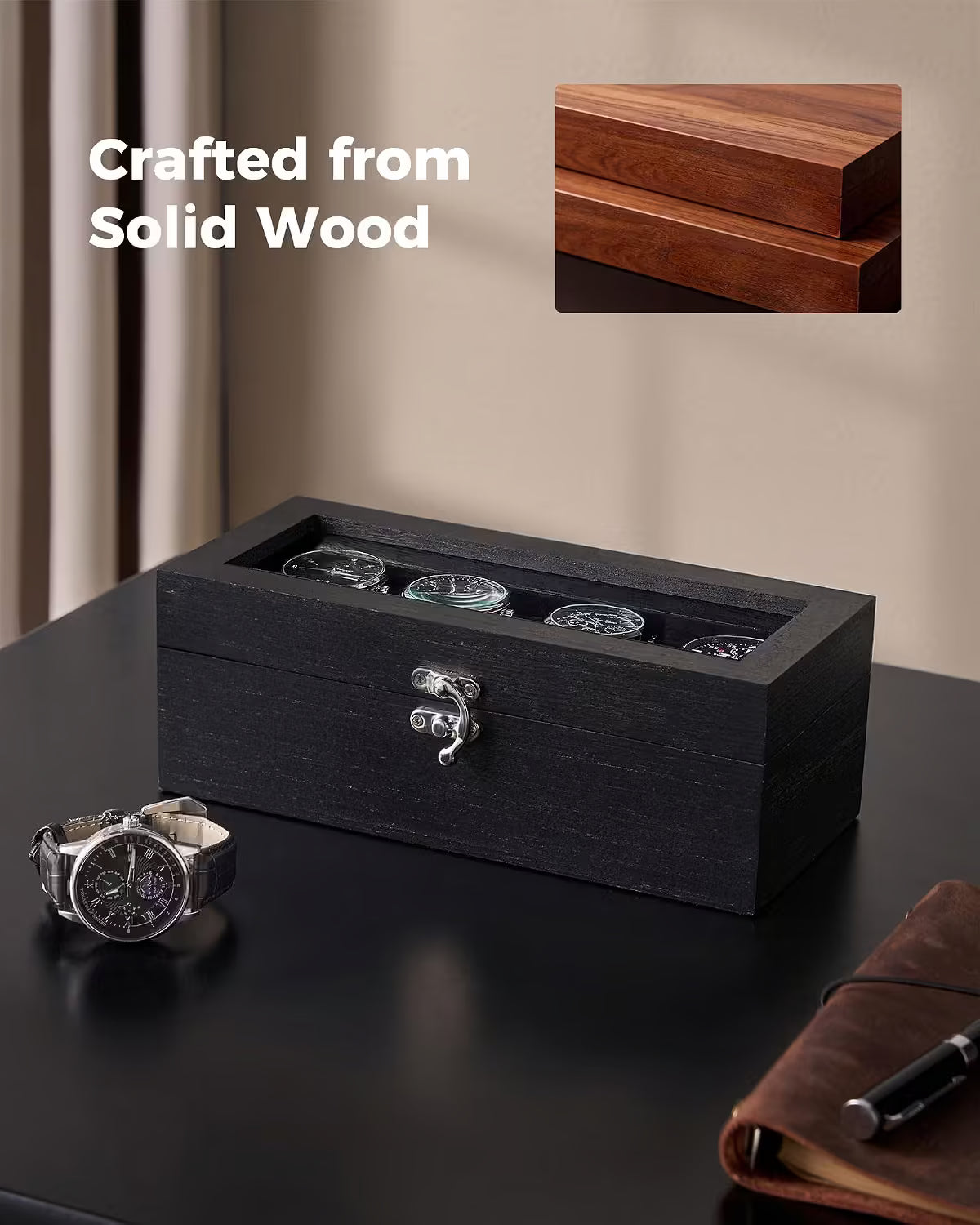 A dark wood watch storage box with a transparent top, shown on a black tabletop with a wristwatch beside it. A small inset shows the wood grain detail, and text reads 'Crafted from Solid Wood.