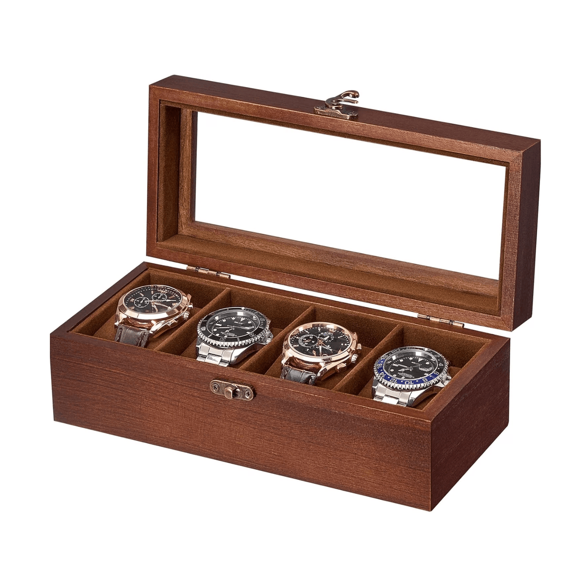 A brown wooden watch box with an open glass lid, containing four wristwatches on a plain white background.