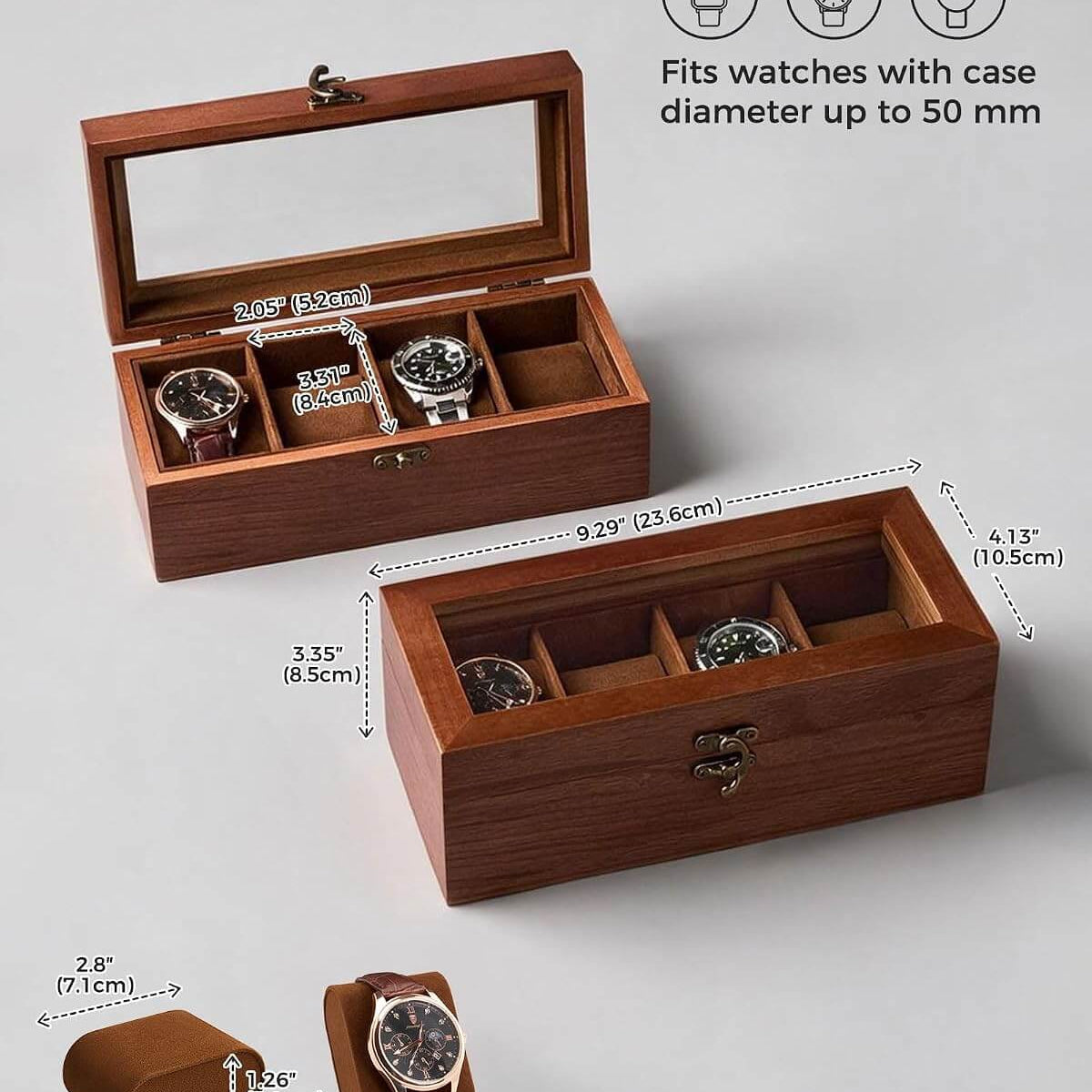 A wooden watch box set shown on a light gray background with dimension callouts and fit text. The set includes an open watch box with a glass lid, a closed watch box with interior compartments, a cushion, and a watch displayed inside.