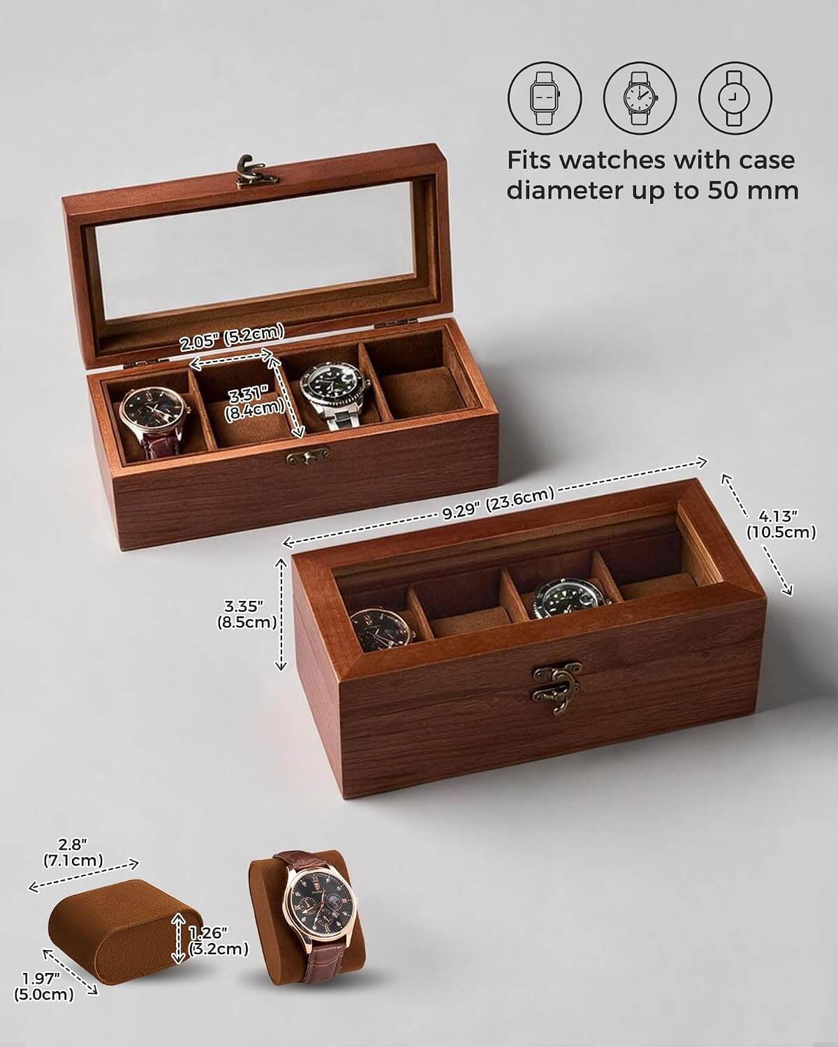 A wooden watch box set shown on a light gray background with dimension callouts and fit text. The set includes an open watch box with a glass lid, a closed watch box with interior compartments, a cushion, and a watch displayed inside.