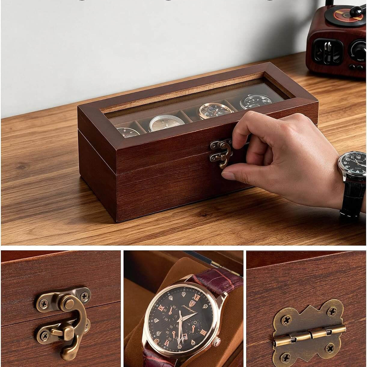 A wooden watch box with a glass top and brass latch, shown on a wooden table with a hand opening the lid. Text reads 'Vintage & Elegant Design.