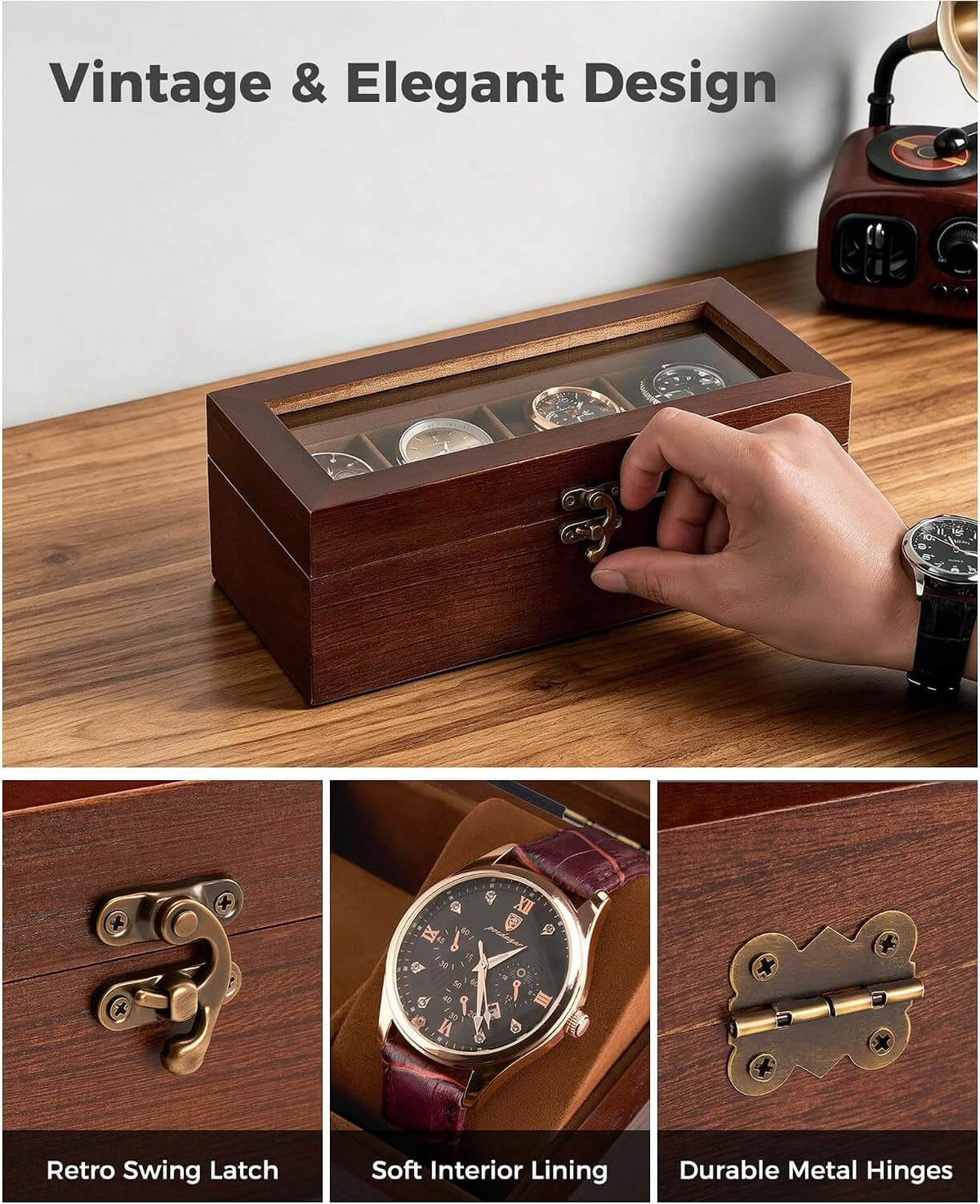 A wooden watch box with a glass top and brass latch, shown on a wooden table with a hand opening the lid. Text reads 'Vintage & Elegant Design.