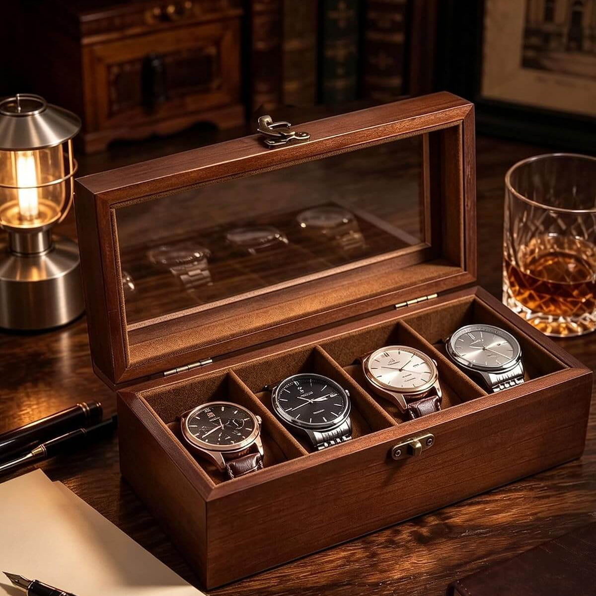 A wooden watch display box with a glass lid, shown open on a dark wooden table. Four watches are arranged inside the compartments, and the scene includes a lit lantern, a whiskey glass, pens, and framed artwork in the background.