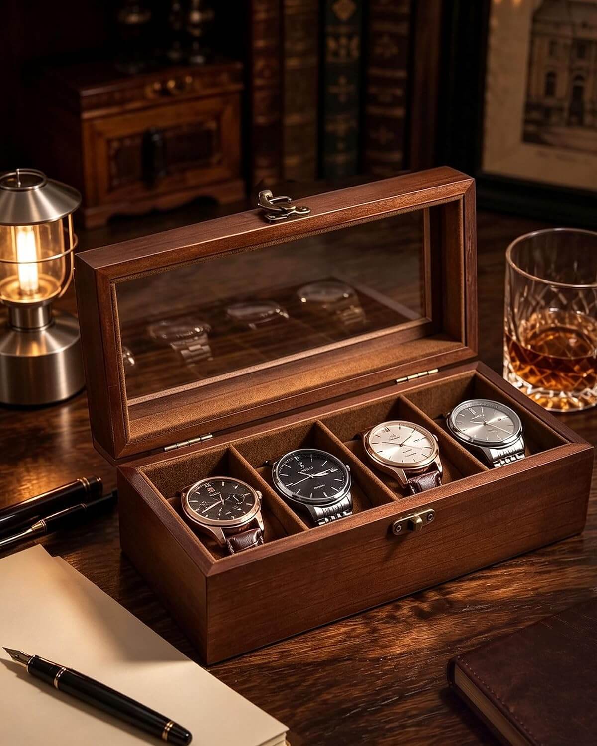 A wooden watch display box with a glass lid, shown open on a dark wooden table. Four watches are arranged inside the compartments, and the scene includes a lit lantern, a whiskey glass, pens, and framed artwork in the background.