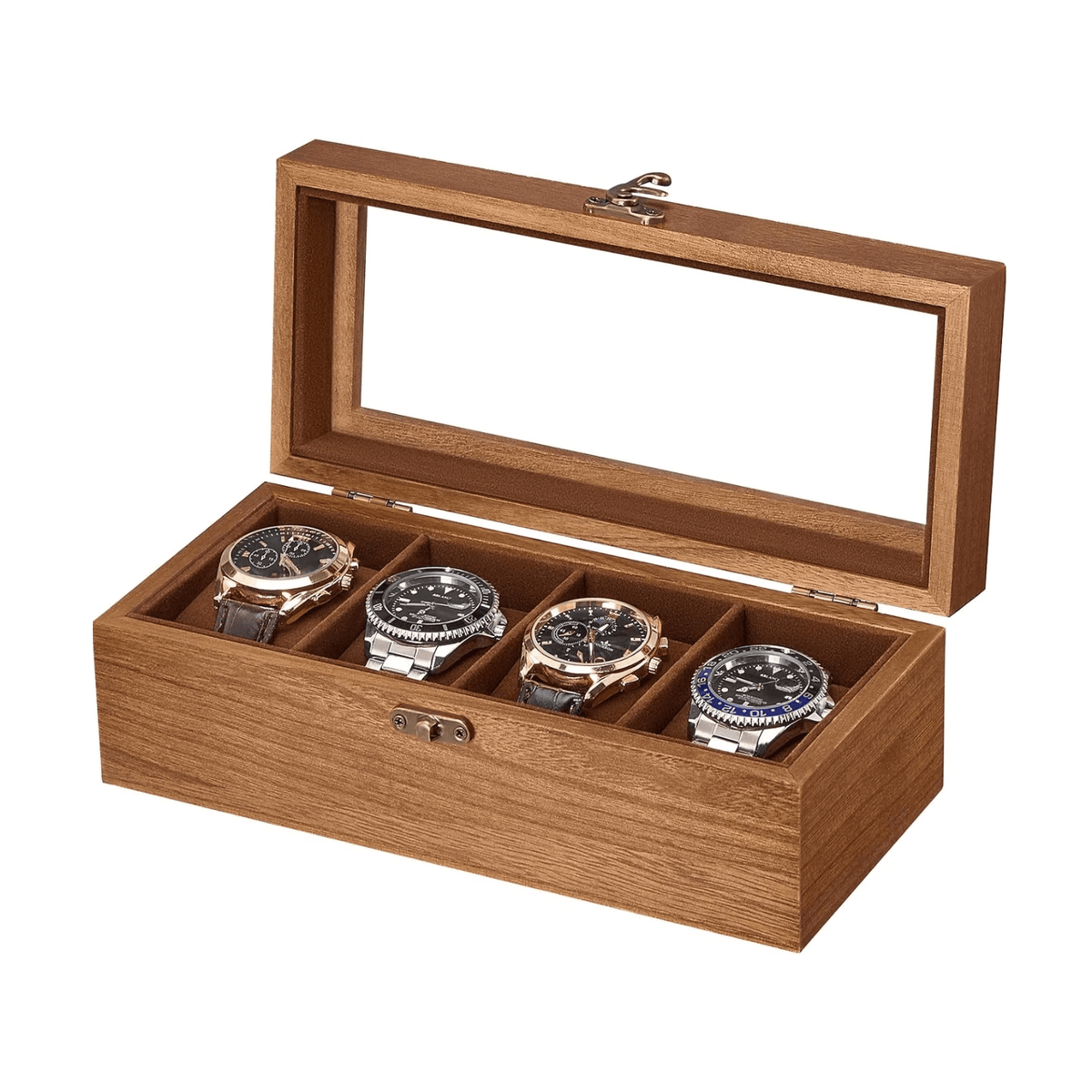 A wooden watch box with an open glass-top lid, holding four wristwatches in individual compartments. The box has a warm medium-brown wood grain finish with small metal latches and a clear glass window on the lid, shown against a plain white background.