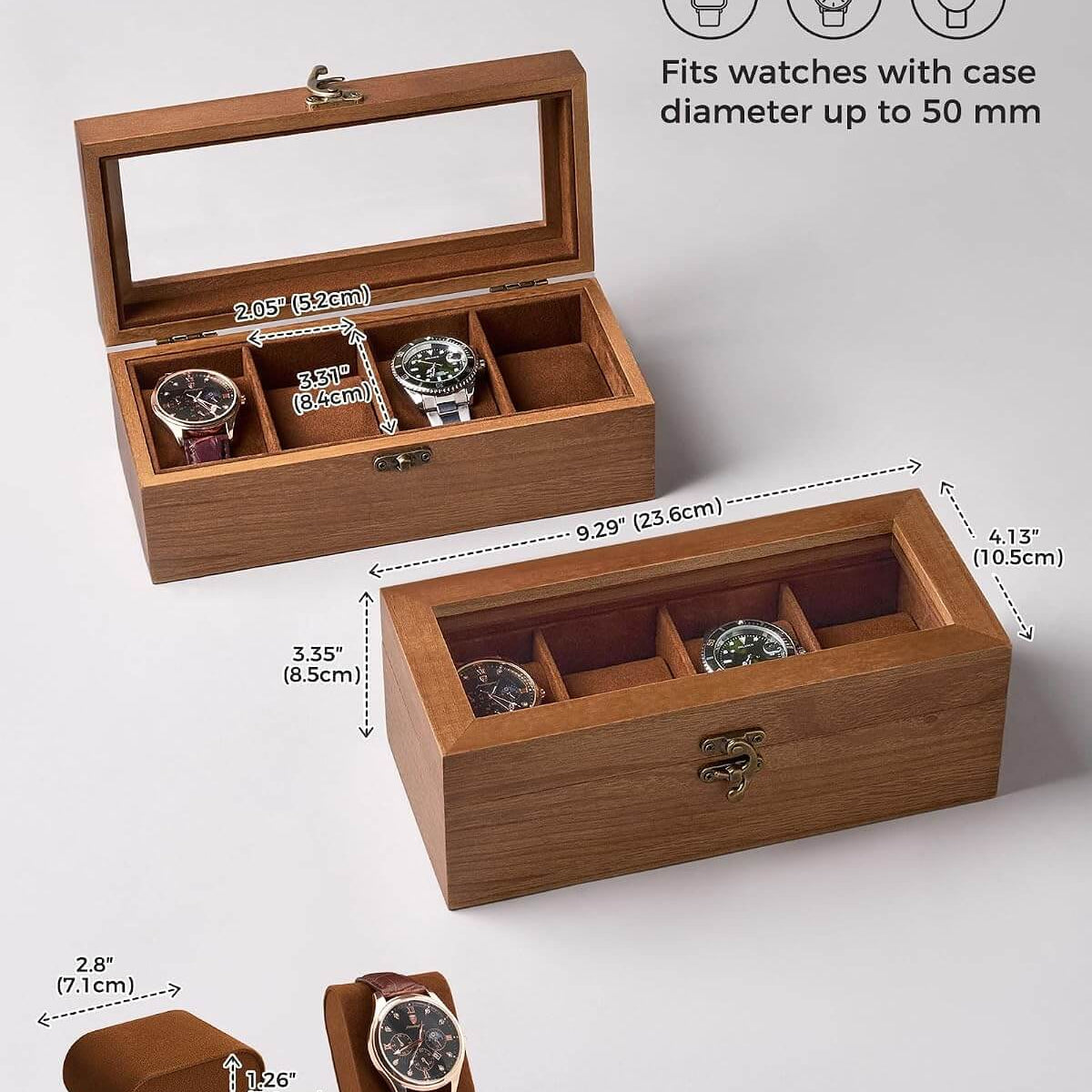 A wooden watch box set shown on a light gray background, with dimension callouts and icons indicating compatibility for watches up to 50 mm in diameter. The set includes an open multi-compartment wooden box with a glass top, a closed wooden box with interior compartments, and a small cylindrical watch cushion shown separately.