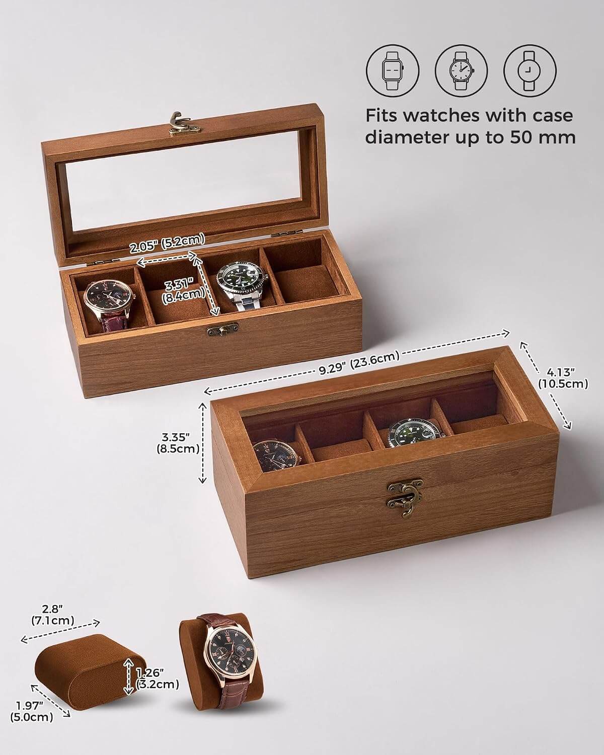 A wooden watch box set shown on a light gray background, with dimension callouts and icons indicating compatibility for watches up to 50 mm in diameter. The set includes an open multi-compartment wooden box with a glass top, a closed wooden box with interior compartments, and a small cylindrical watch cushion shown separately.