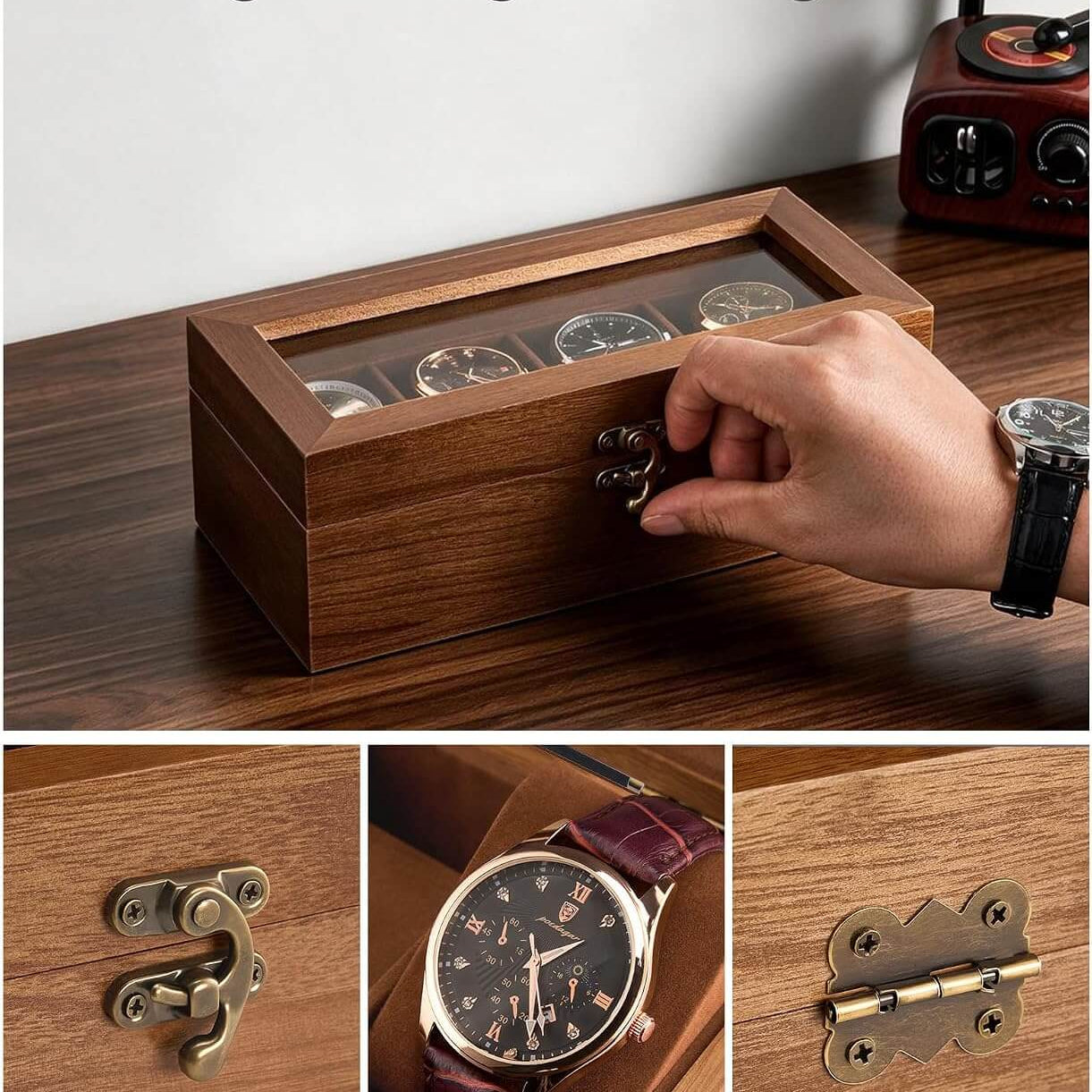 A wooden watch box with a glass top and vintage-style metal latch, shown on a dark wood tabletop with a hand opening the front drawer. Text at the top reads 'Vintage & Elegant Design,' and three inset close-ups highlight the retro swing latch, soft interior lining, and durable metal hinges.