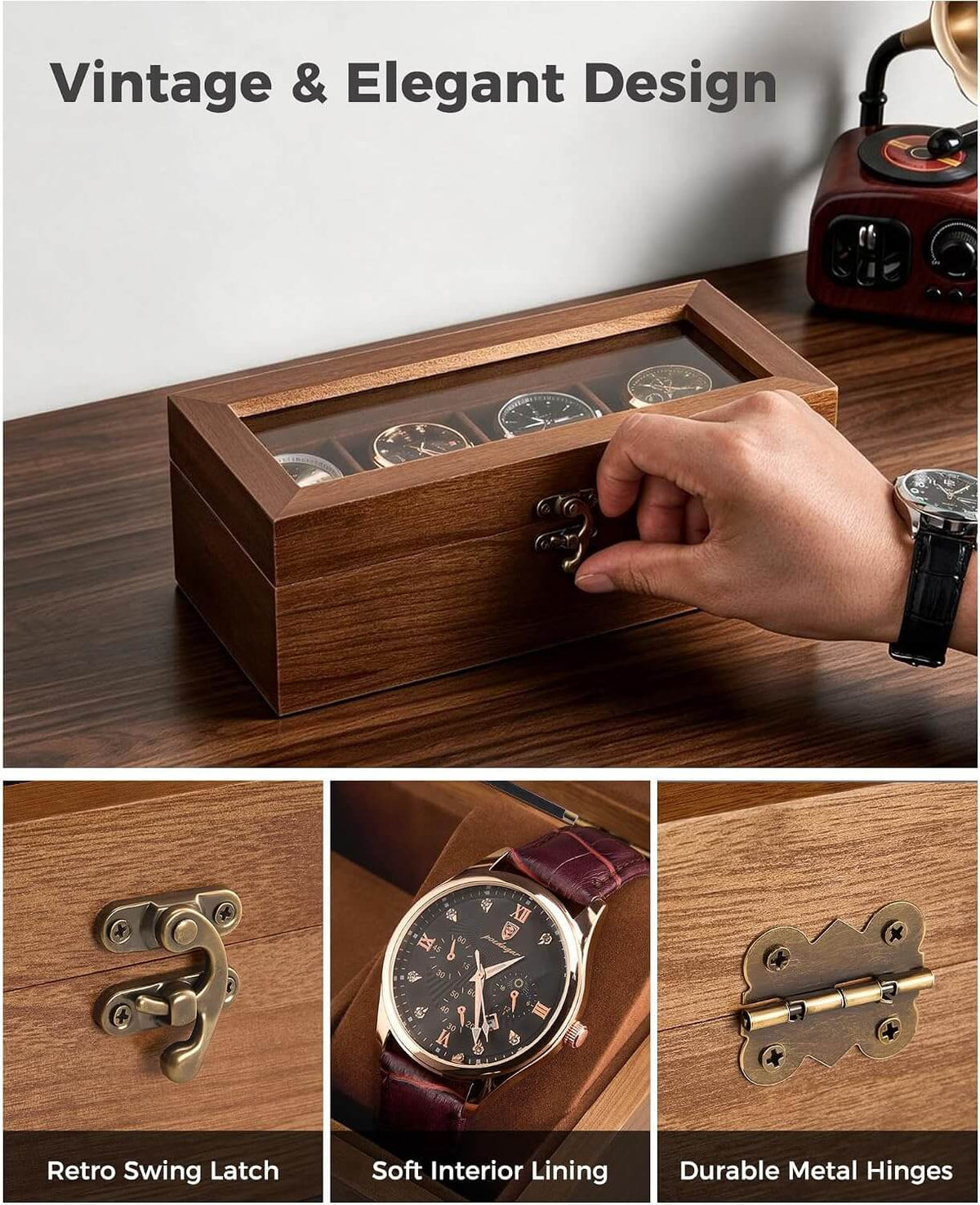 A wooden watch box with a glass top and vintage-style metal latch, shown on a dark wood tabletop with a hand opening the front drawer. Text at the top reads 'Vintage & Elegant Design,' and three inset close-ups highlight the retro swing latch, soft interior lining, and durable metal hinges.