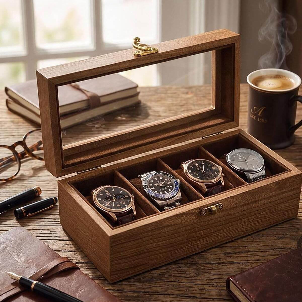 A wooden watch display box with a glass top lid, shown open on a wooden table with three watches inside. The scene includes notebooks, eyeglasses, pens, and a cup of coffee in a warm indoor setting.