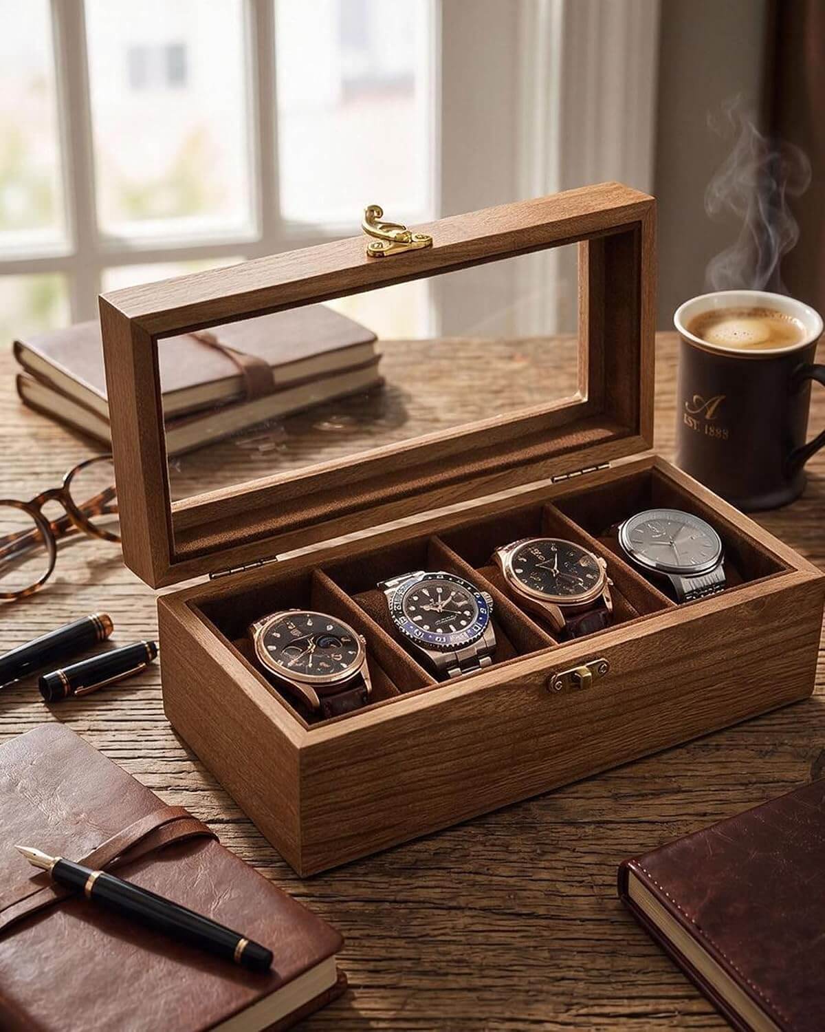A wooden watch display box with a glass top lid, shown open on a wooden table with three watches inside. The scene includes notebooks, eyeglasses, pens, and a cup of coffee in a warm indoor setting.