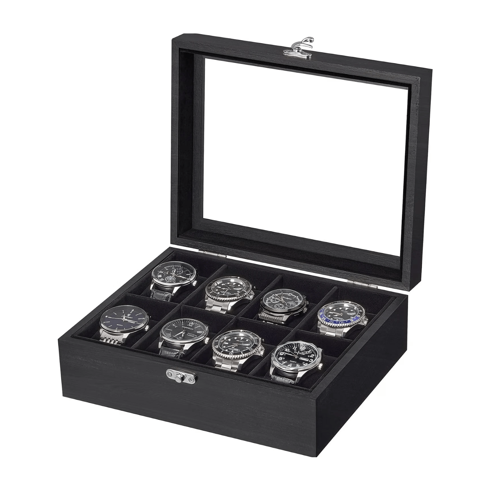 A black wooden watch display box with a glass lid, shown open and containing eight silver and black wristwatches arranged in individual slots against a plain white background.