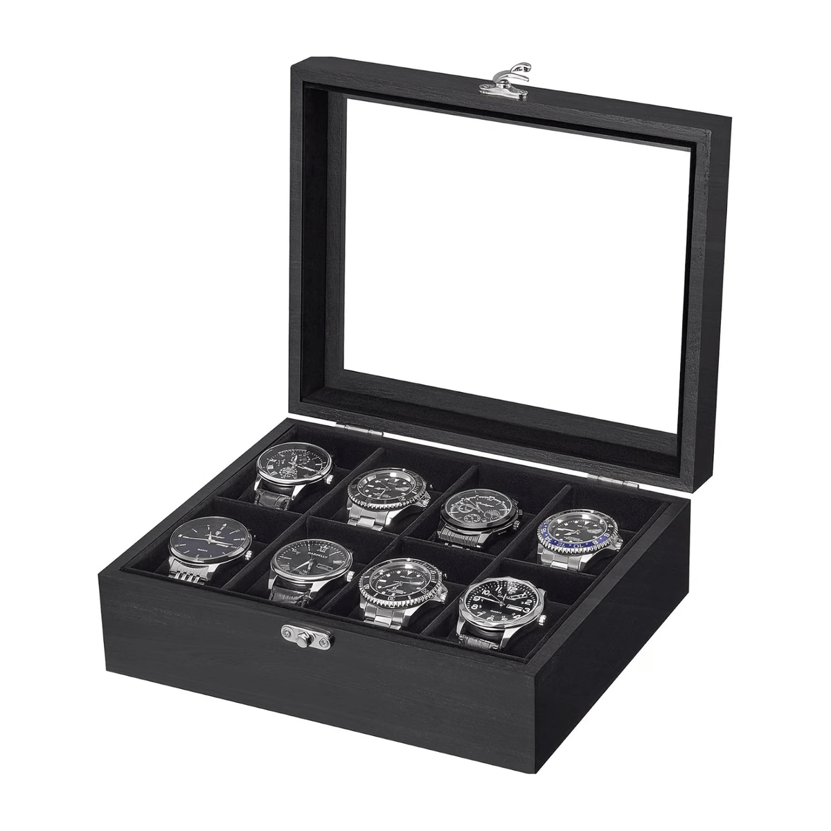 A black wooden watch display box with a glass lid, shown open and containing eight silver and black wristwatches arranged in individual slots against a plain white background.