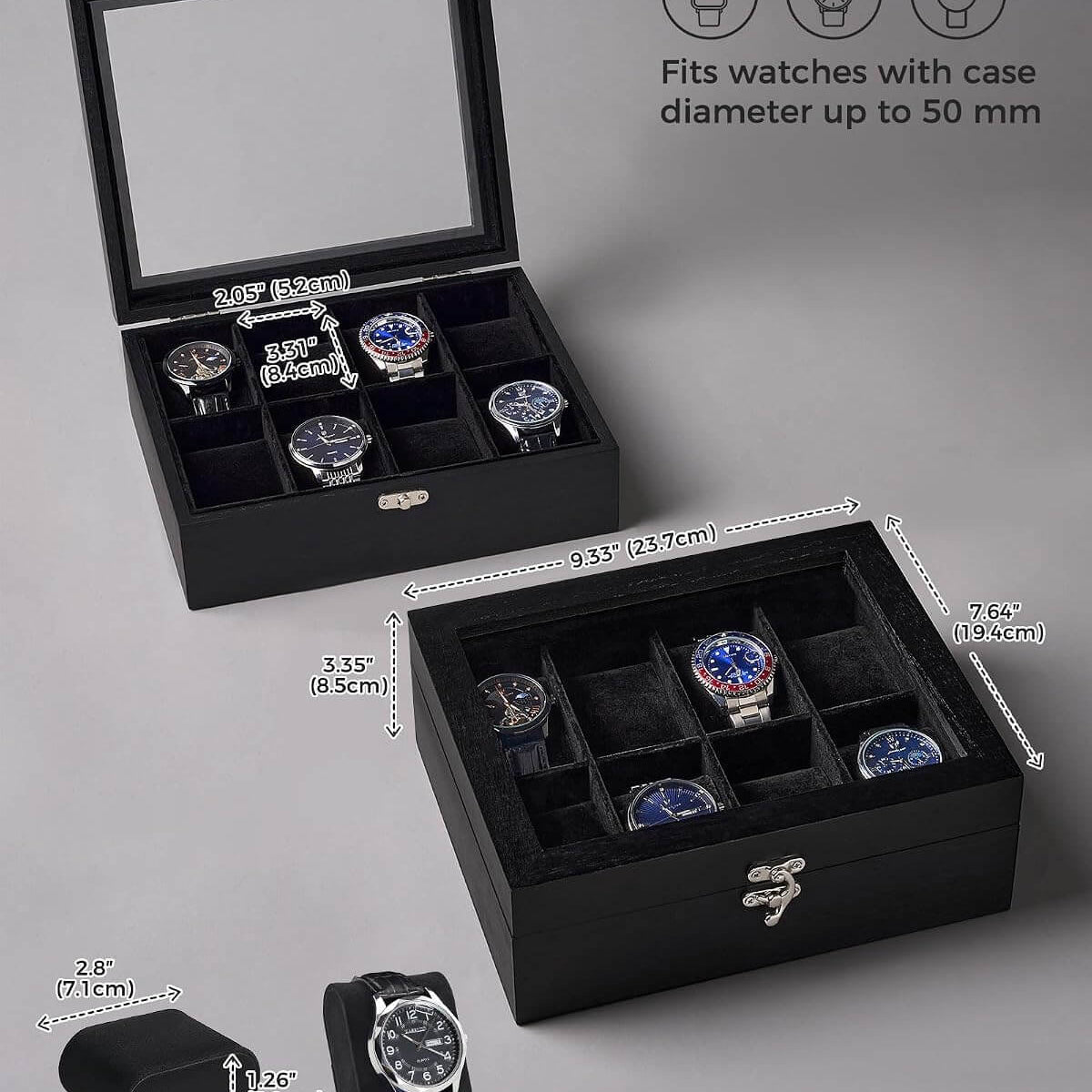 Black multi-compartment watch box set shown open and closed on a gray background, with dimension callouts and icons indicating watch compatibility up to 50 mm diameter.