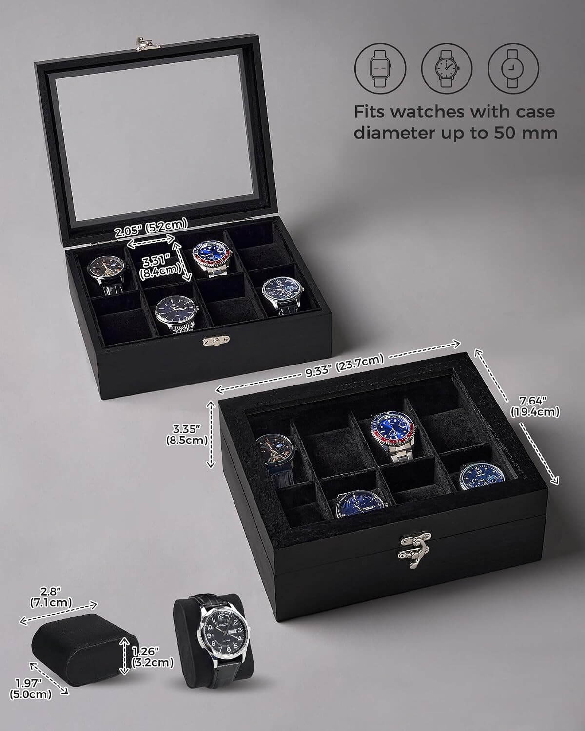 Black multi-compartment watch box set shown open and closed on a gray background, with dimension callouts and icons indicating watch compatibility up to 50 mm diameter.