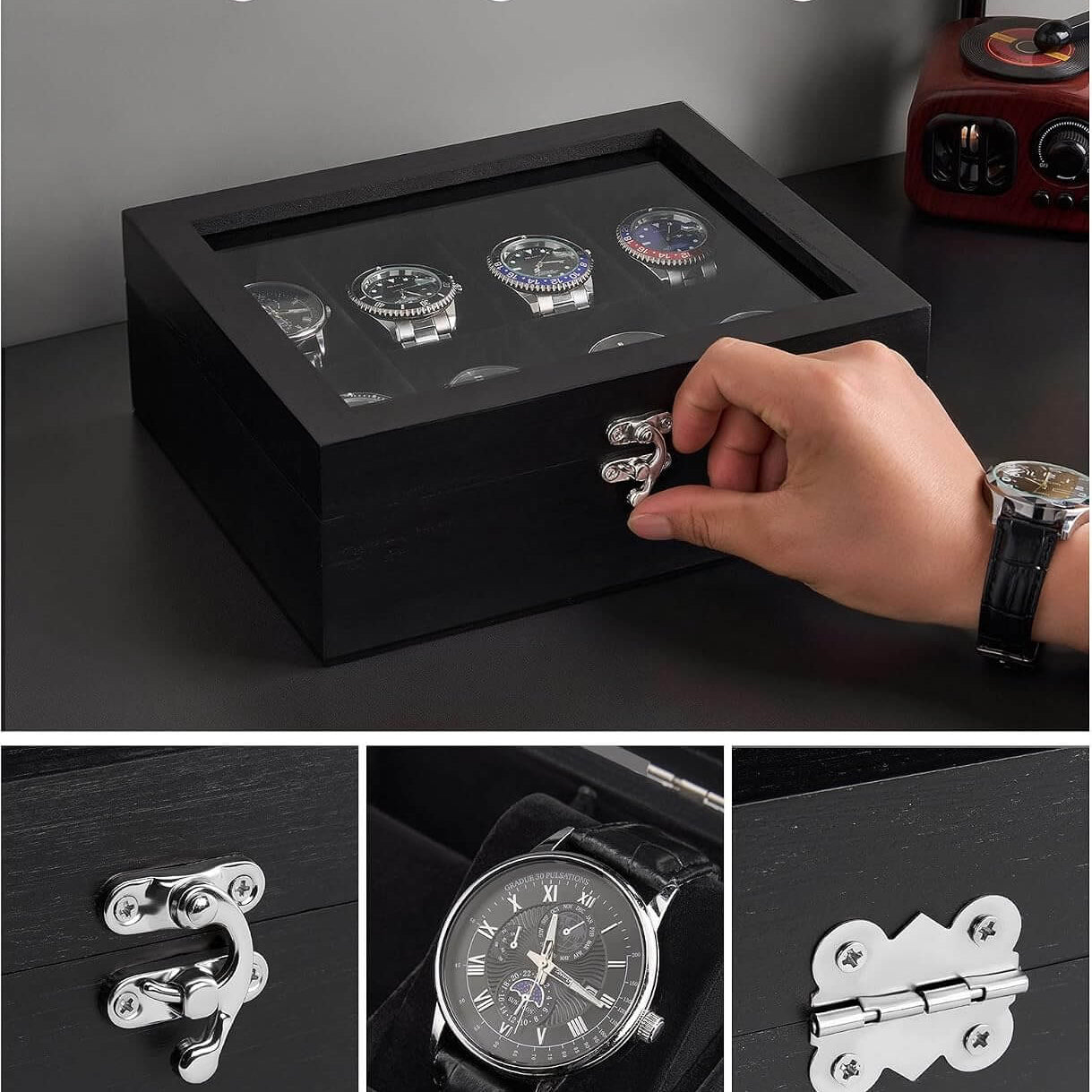 Black wooden watch display box with a transparent top window, shown with a hand opening the front latch. The collage includes the text 'Vintage & Elegant Design' and three detail panels highlighting the retro swing latch, soft interior lining, and durable metal hinges.