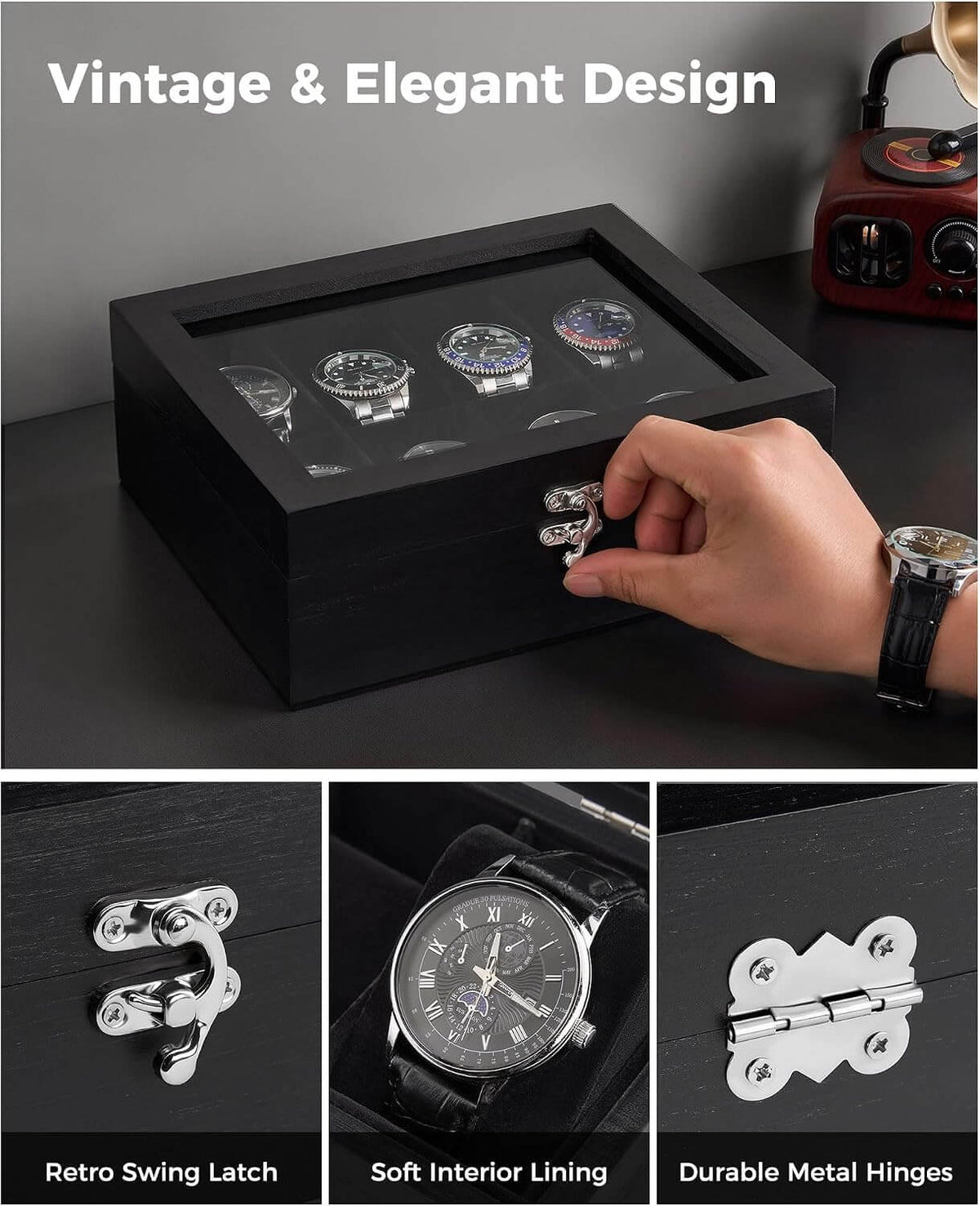 Black wooden watch display box with a transparent top window, shown with a hand opening the front latch. The collage includes the text 'Vintage & Elegant Design' and three detail panels highlighting the retro swing latch, soft interior lining, and durable metal hinges.