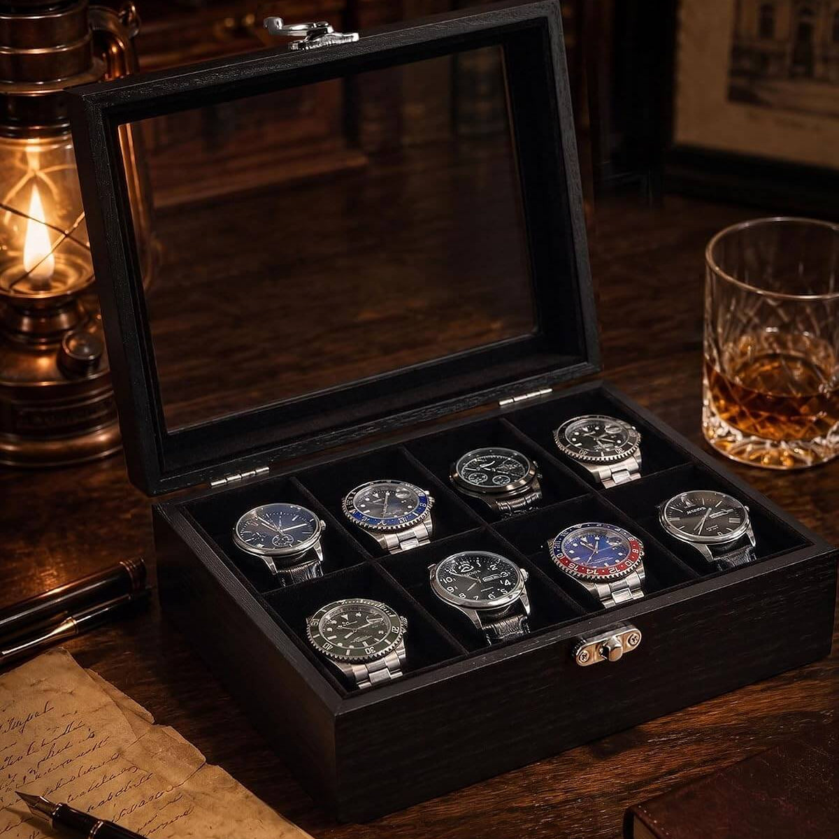 A black wooden watch display box with a glass lid, shown open on a wooden table. Inside are eight watches arranged in a grid.