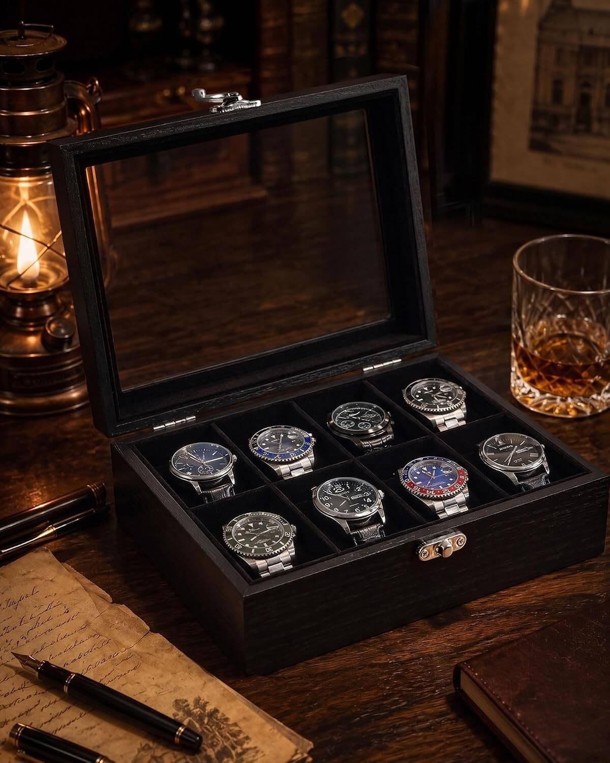 A black wooden watch display box with a glass lid, shown open on a wooden table. Inside are eight watches arranged in a grid.