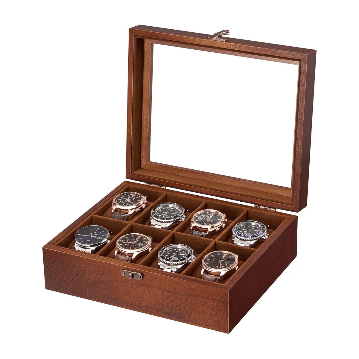 An open wooden watch display box with a glass lid, holding eight wristwatches in individual compartments, shown on a plain white background.
