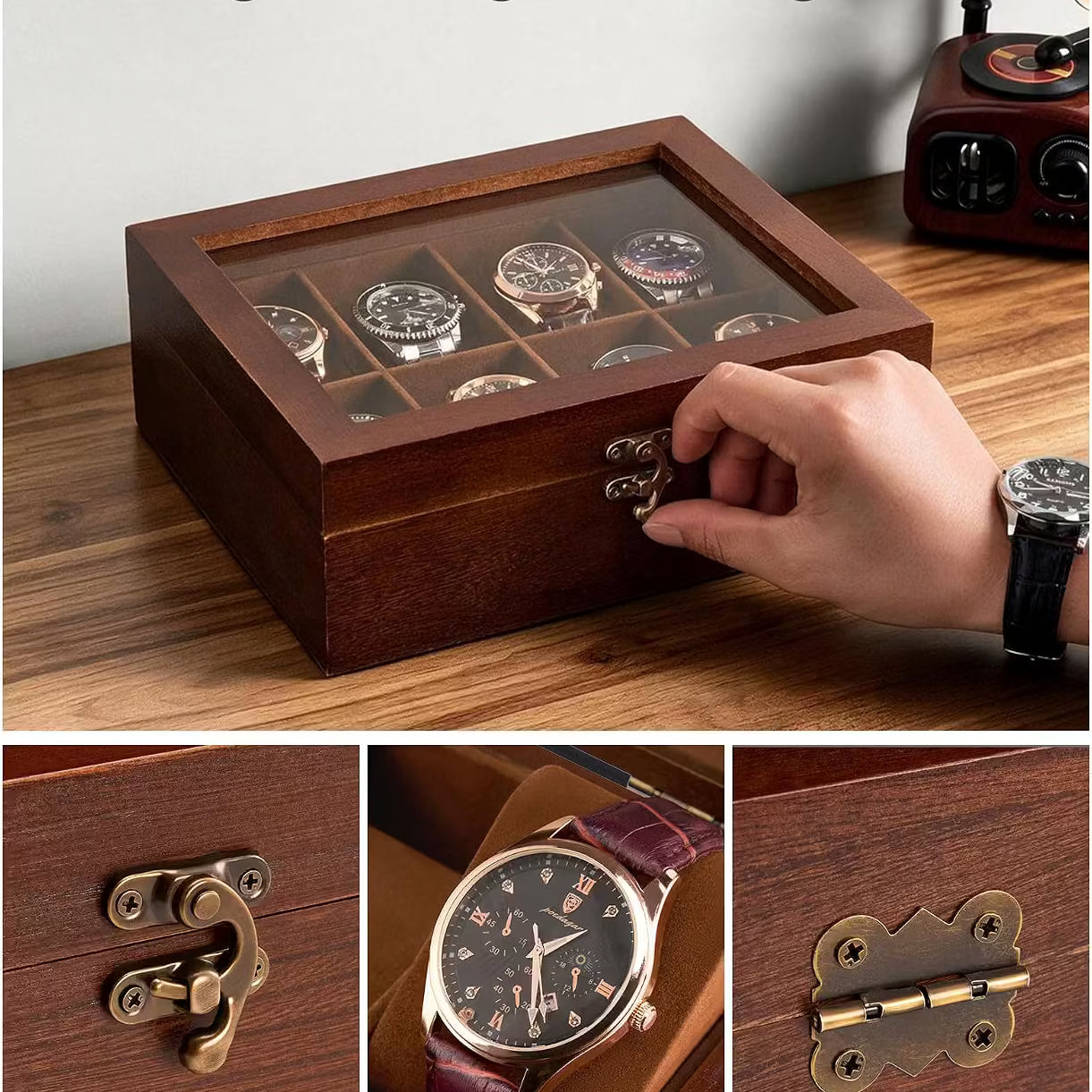 A wooden watch display box with a glass top, shown on a wooden desk with a hand opening its retro swing latch. The top panel reads 'Vintage & Elegant Design' and shows several watches inside.