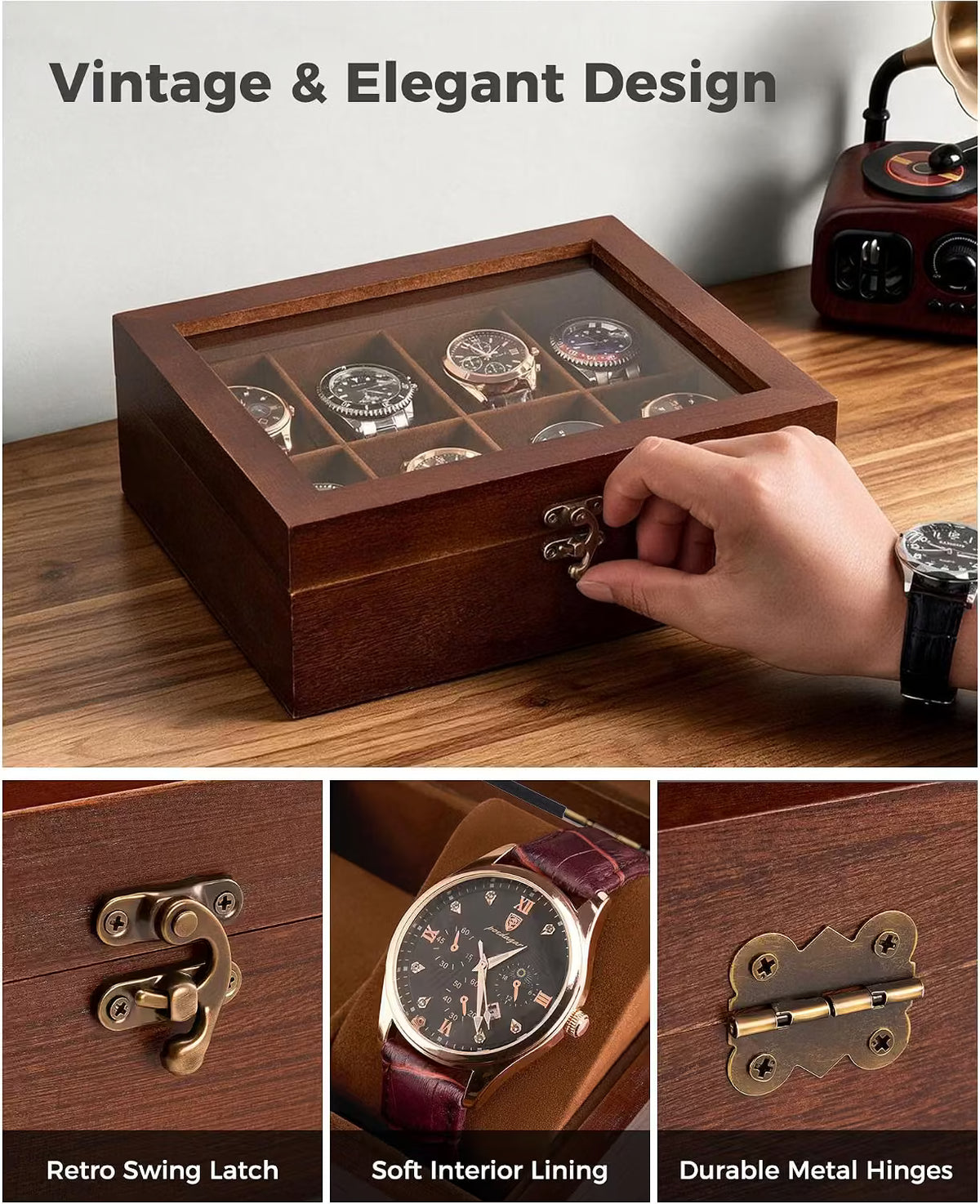 A wooden watch display box with a glass top, shown on a wooden desk with a hand opening its retro swing latch. The top panel reads 'Vintage & Elegant Design' and shows several watches inside.