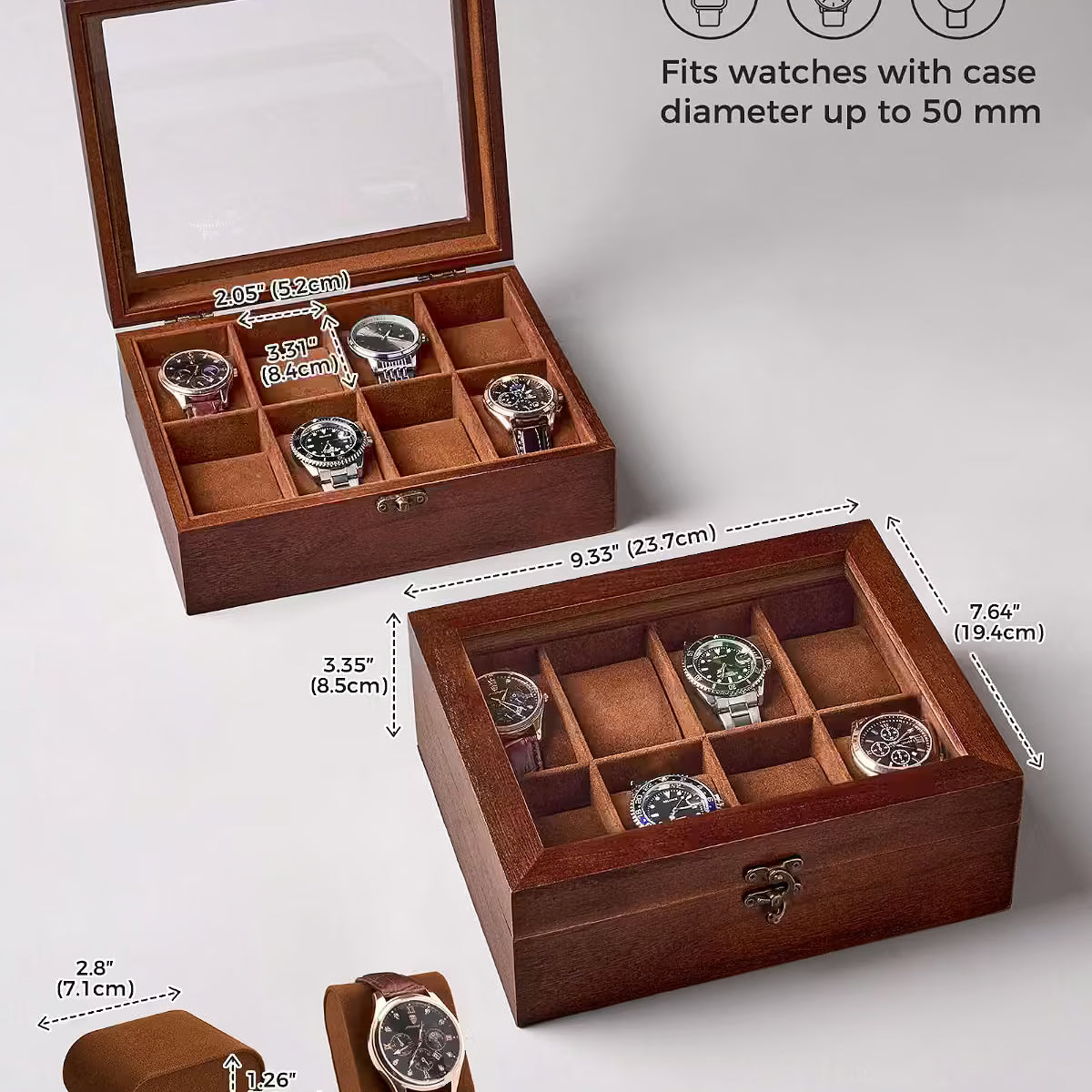 A wooden watch box set shown on a light gray background, with one open box displaying multiple watch cushions and several watches inside, plus a second closed view showing dimensions. Text and icons indicate the box fits watches with a case diameter up to 50 mm.